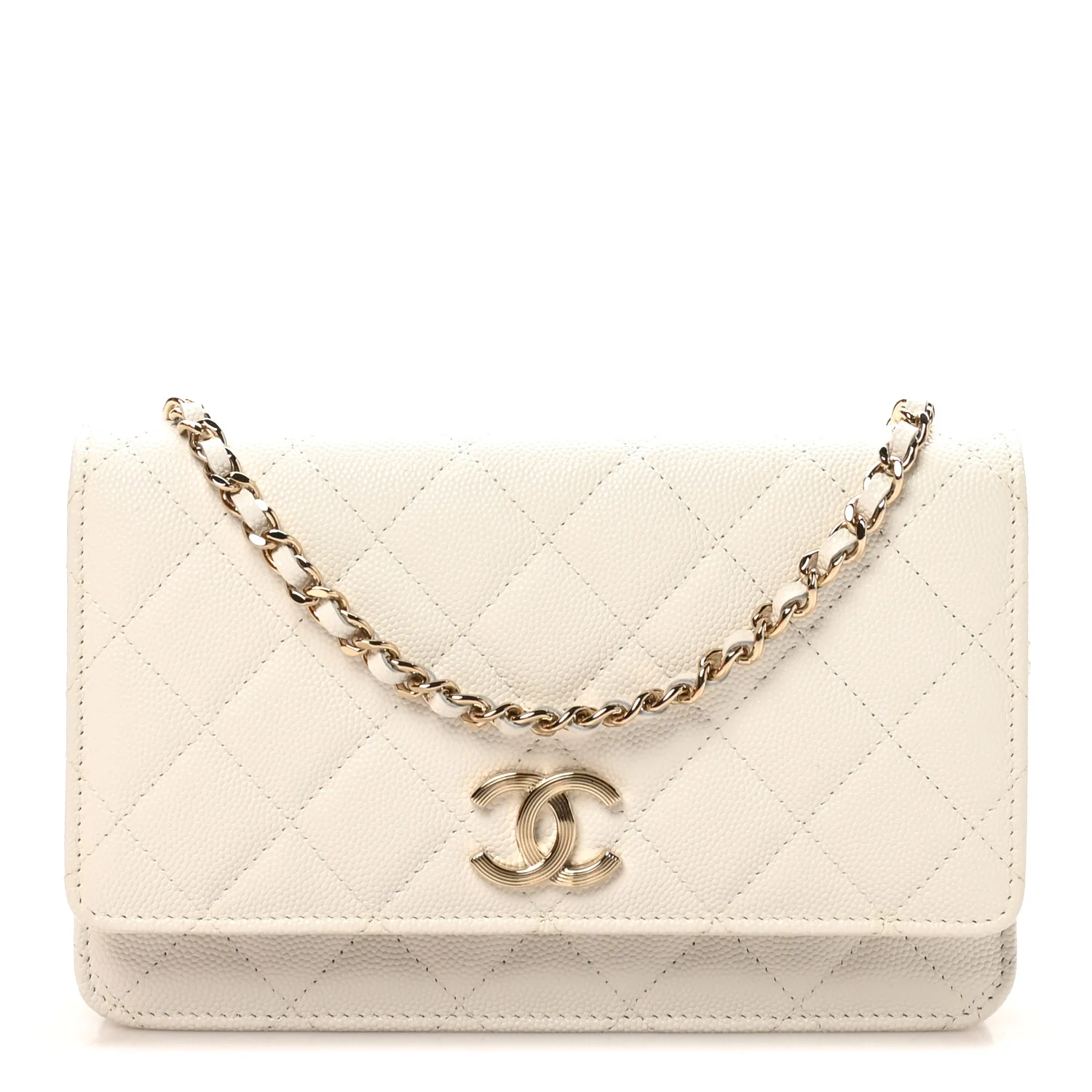 Caviar Quilted Striated CC Wallet on Chain WOC White