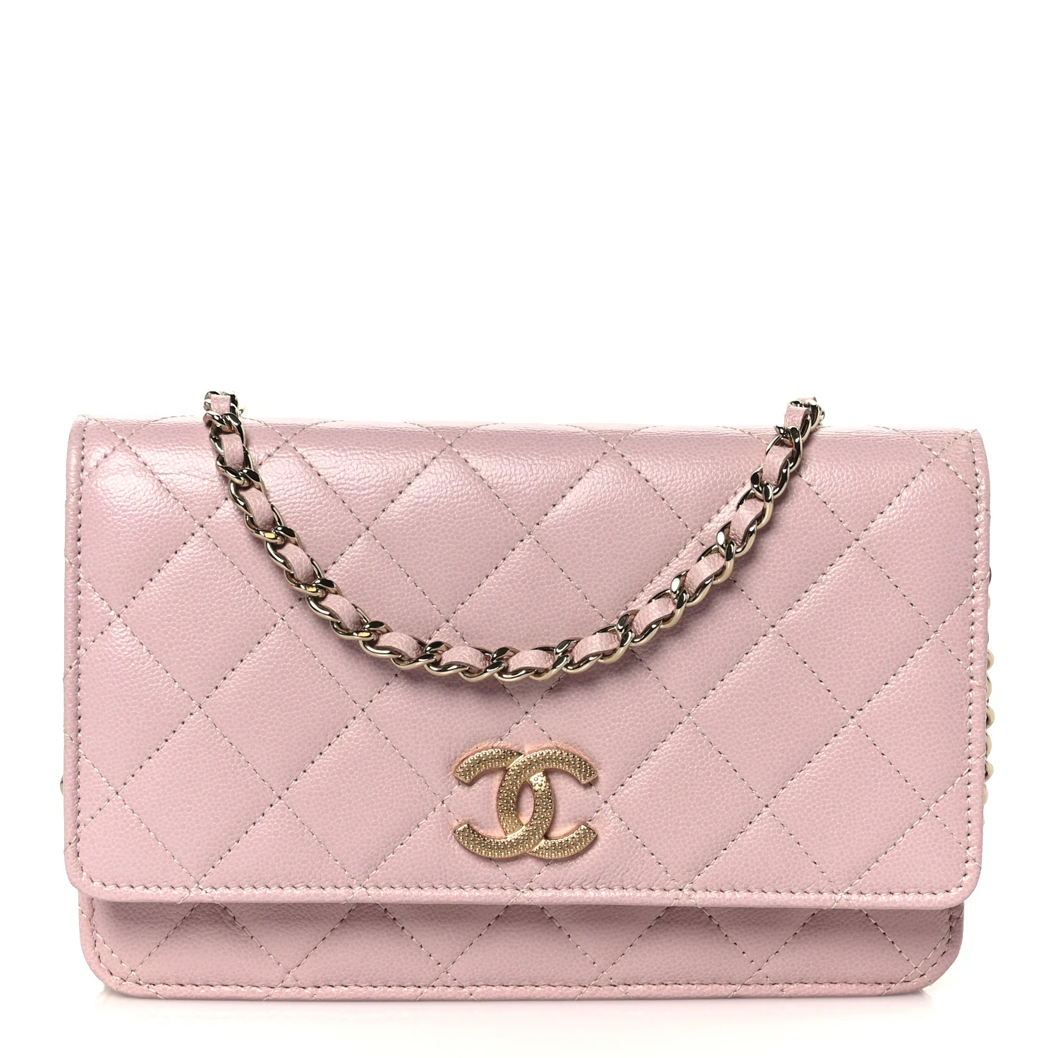 Caviar Quilted Studded CC Wallet on Chain WOC Light Pink