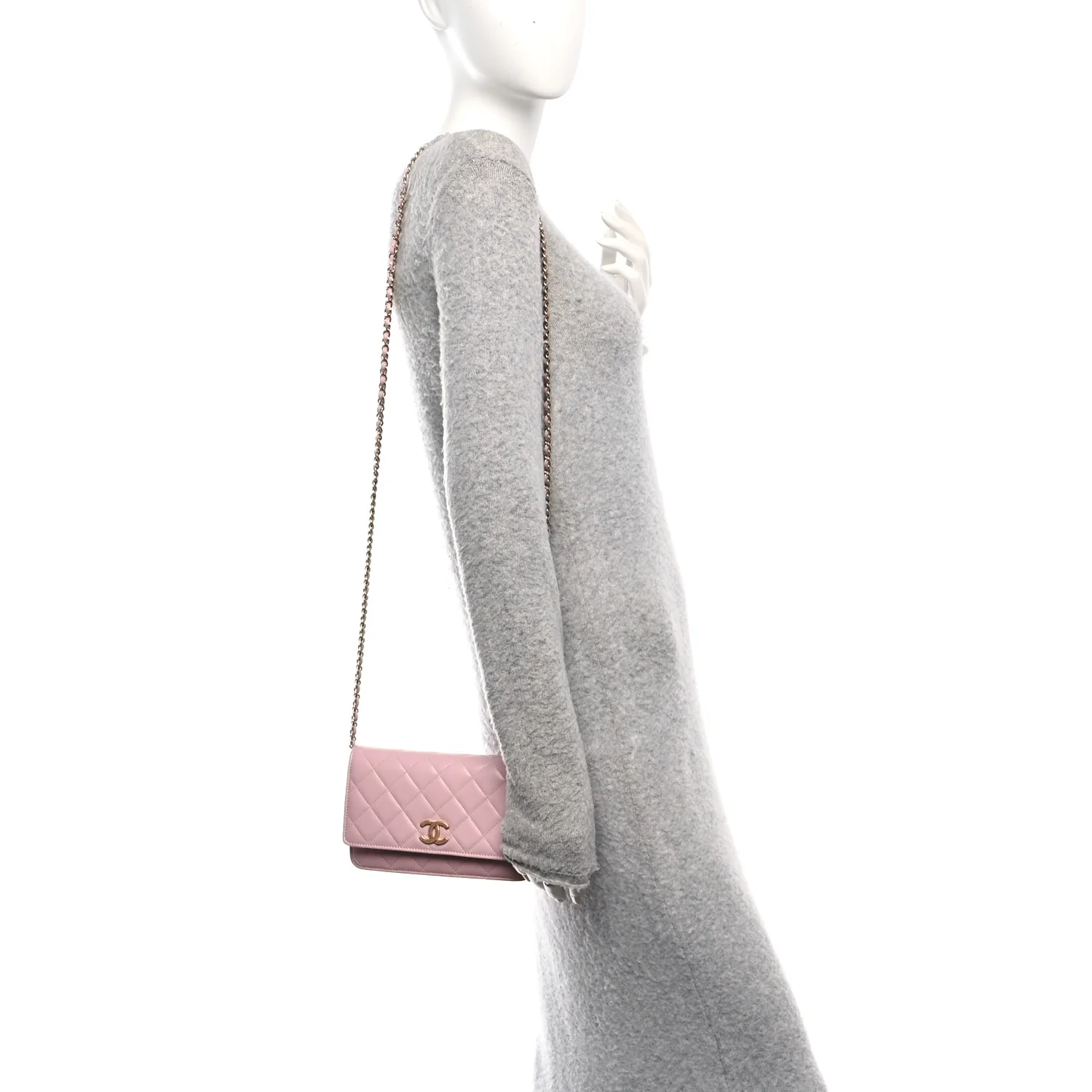 Caviar Quilted Studded CC Wallet on Chain WOC Light Pink - Image 2
