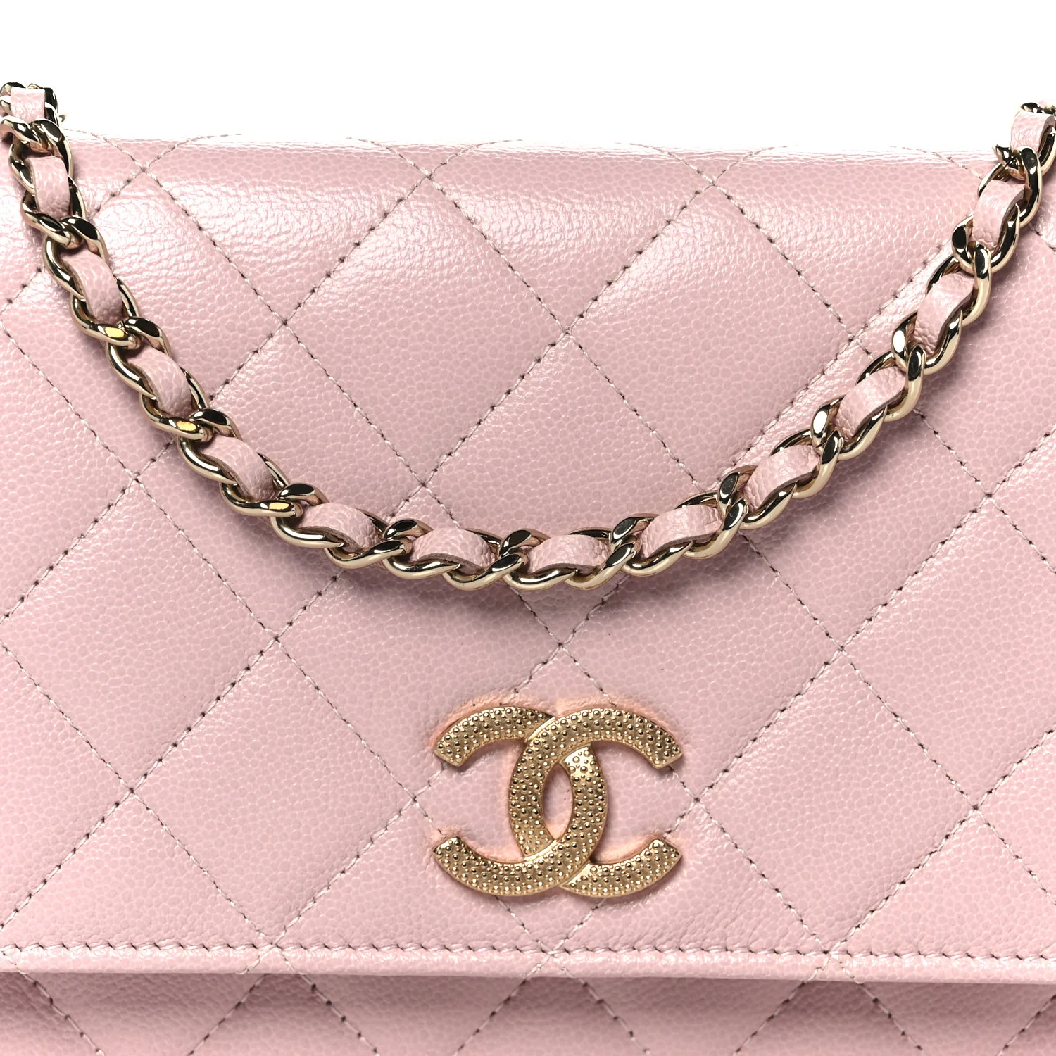 Caviar Quilted Studded CC Wallet on Chain WOC Light Pink - Image 9