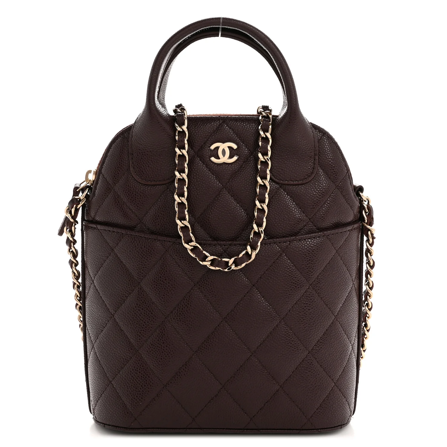 Caviar Quilted Top Handle Clutch With Chain Dark Brown