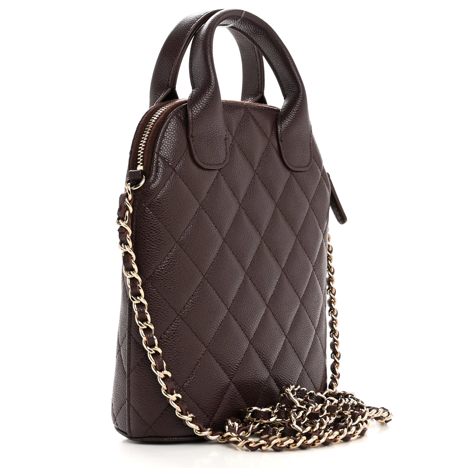 Caviar Quilted Top Handle Clutch With Chain Dark Brown - Image 3