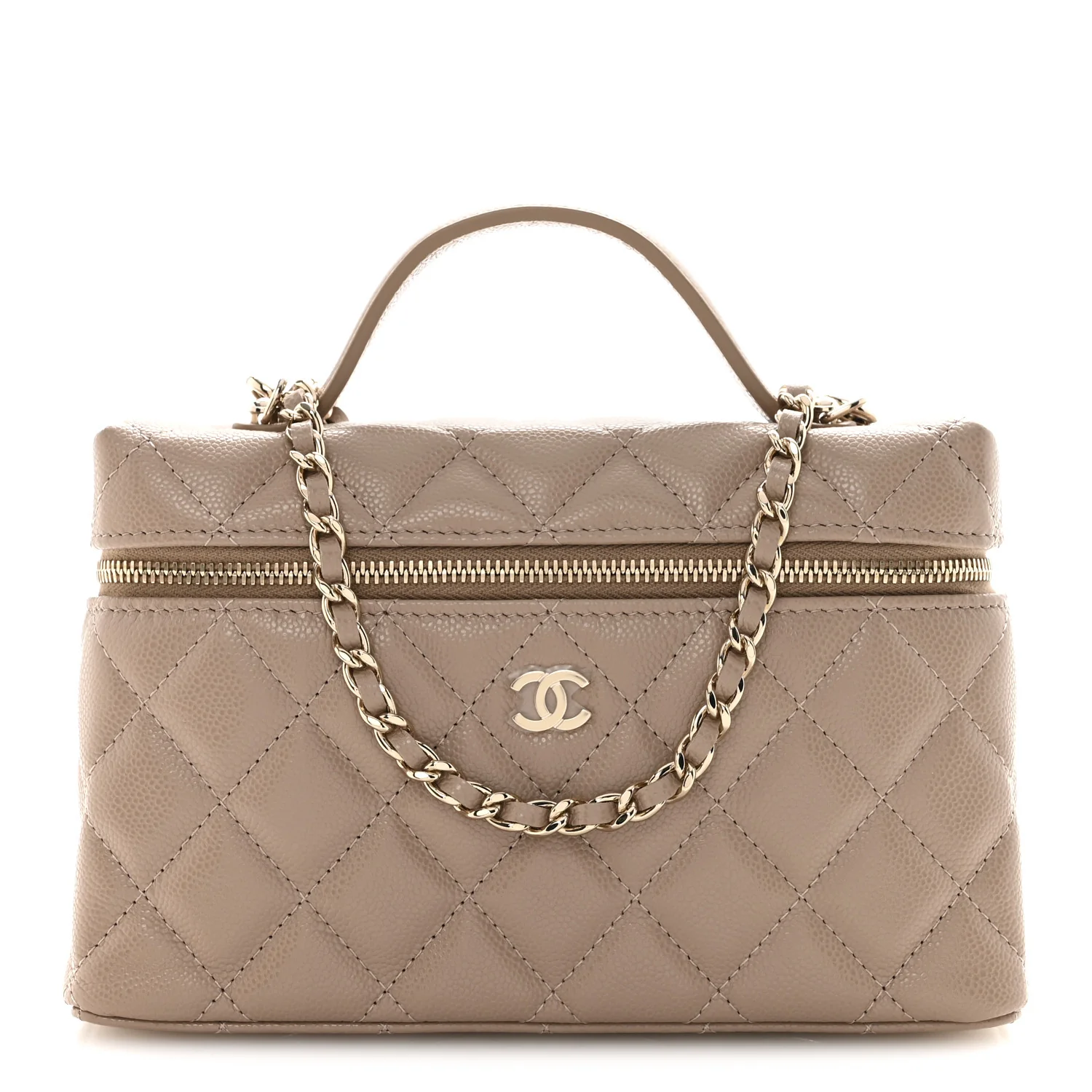Caviar Quilted Top Handle Slim Vanity With Chain Dark Beige