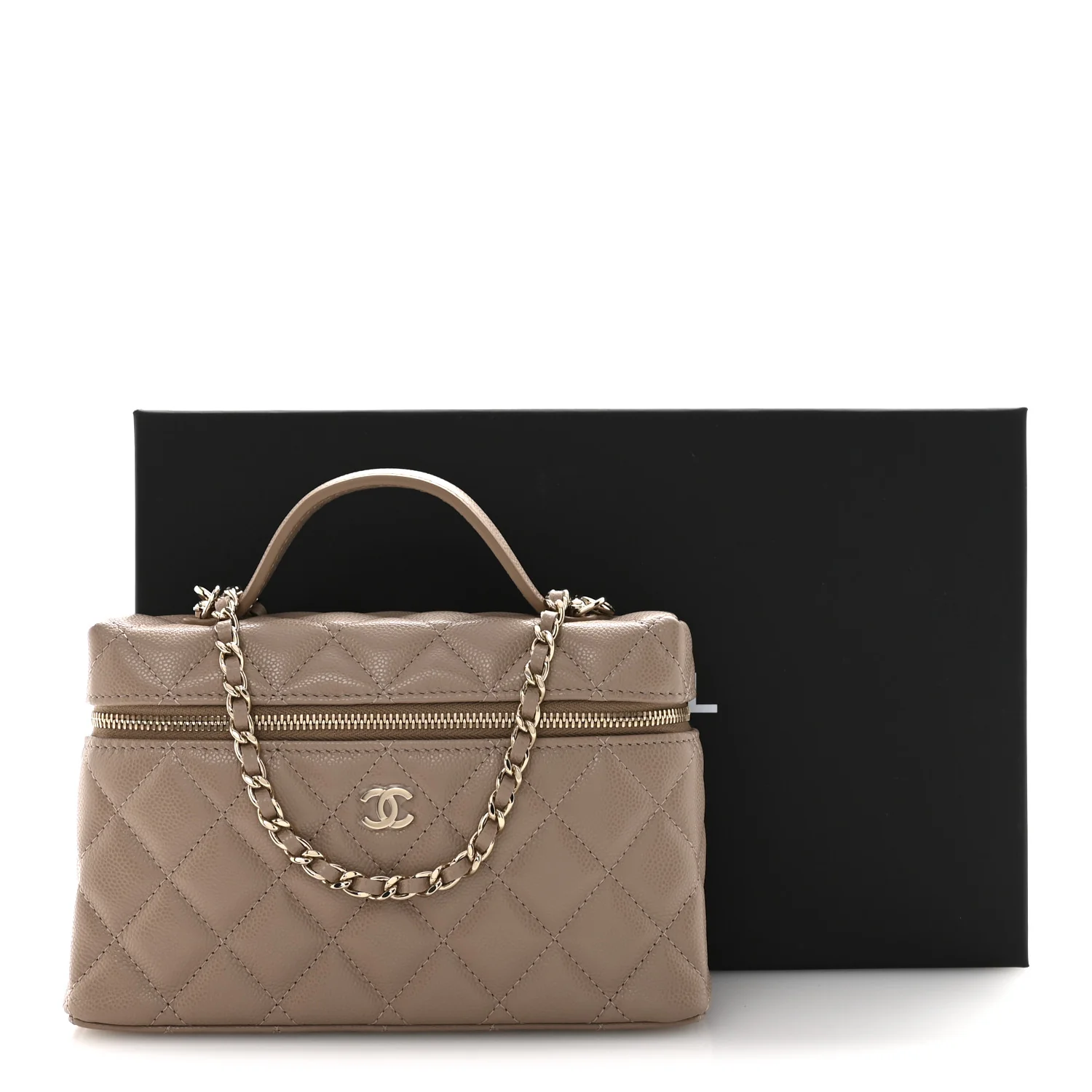 Caviar Quilted Top Handle Slim Vanity With Chain Dark Beige - Image 11