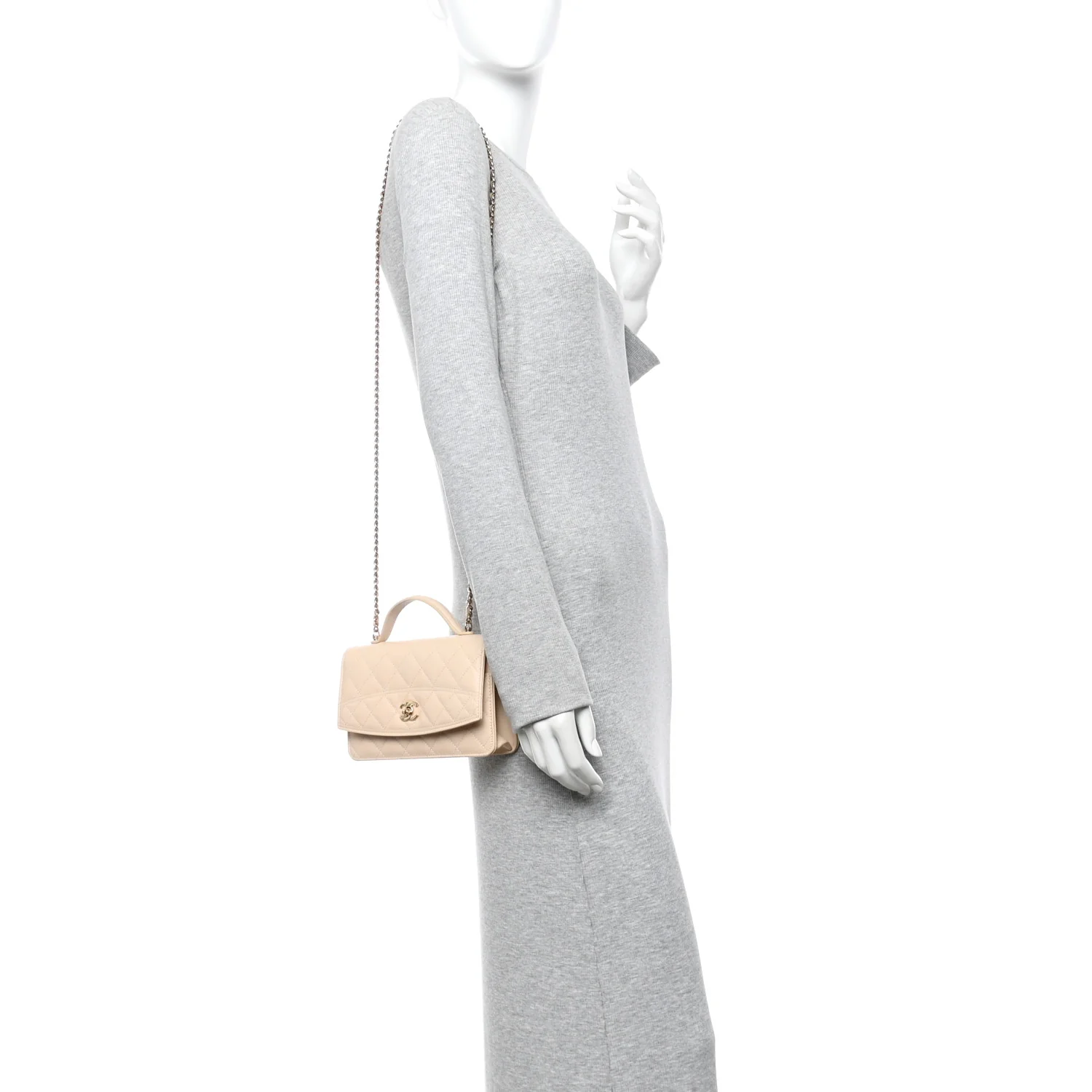 Caviar Quilted Trendy Handle Clutch With Chain Ecru - Image 2