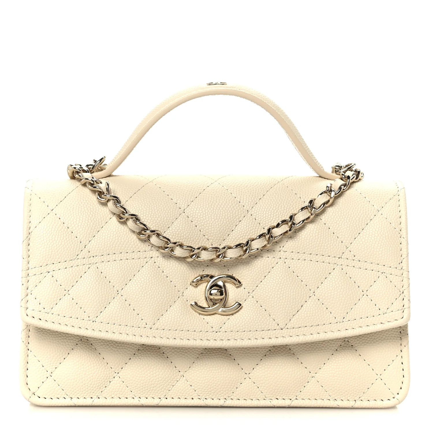 Caviar Quilted Trendy Handle Clutch With Chain Ecru