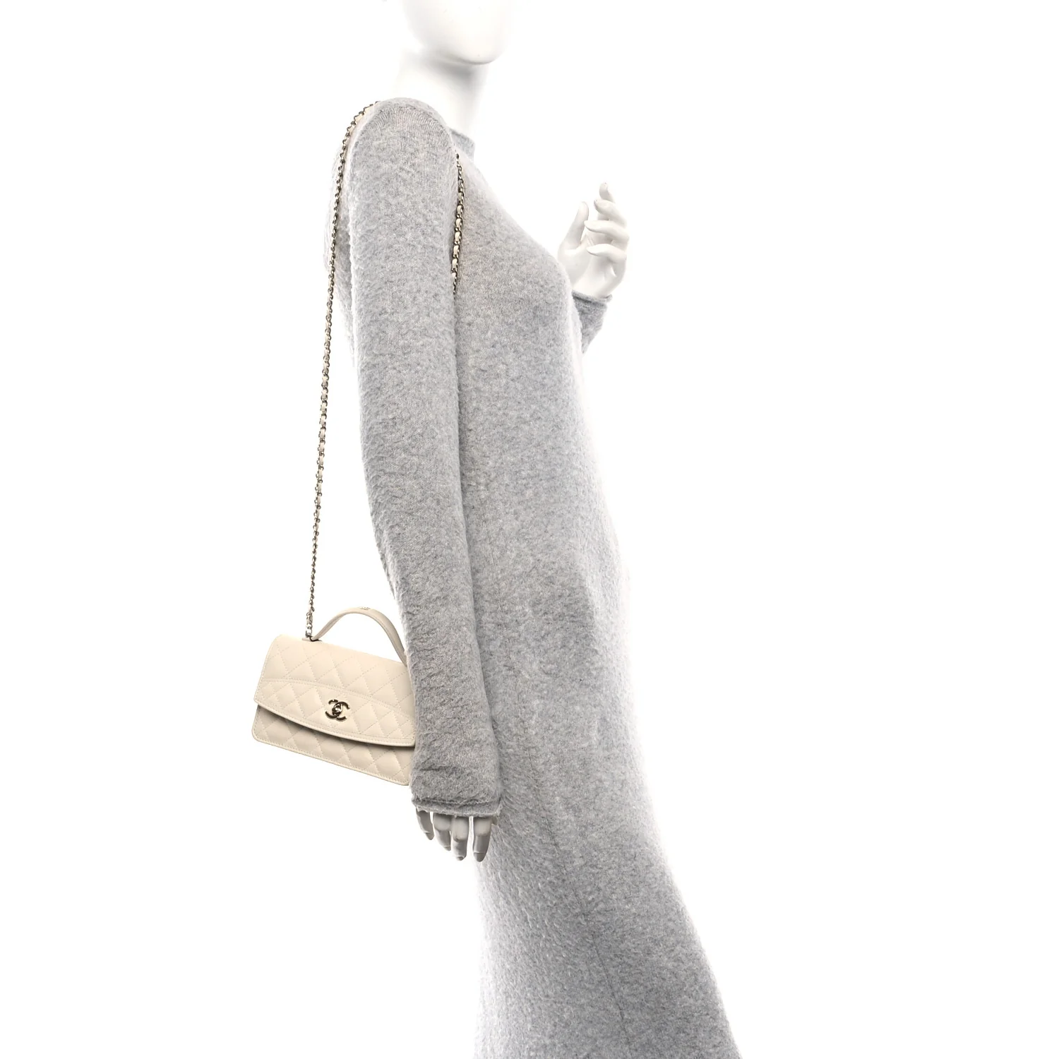 Caviar Quilted Trendy Handle Clutch With Chain Ecru - Image 2