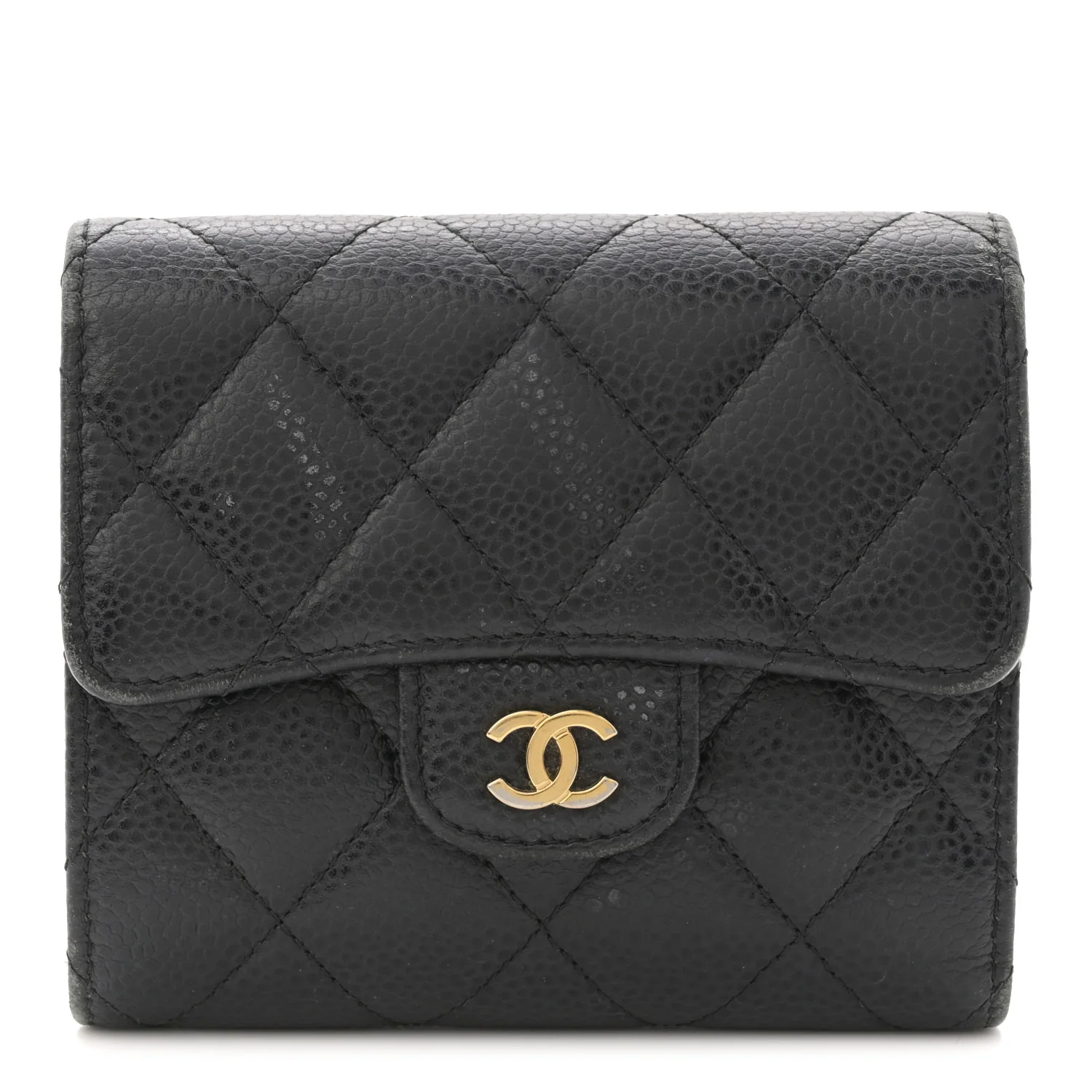 Caviar Quilted Tri-Fold Flap Wallet Black