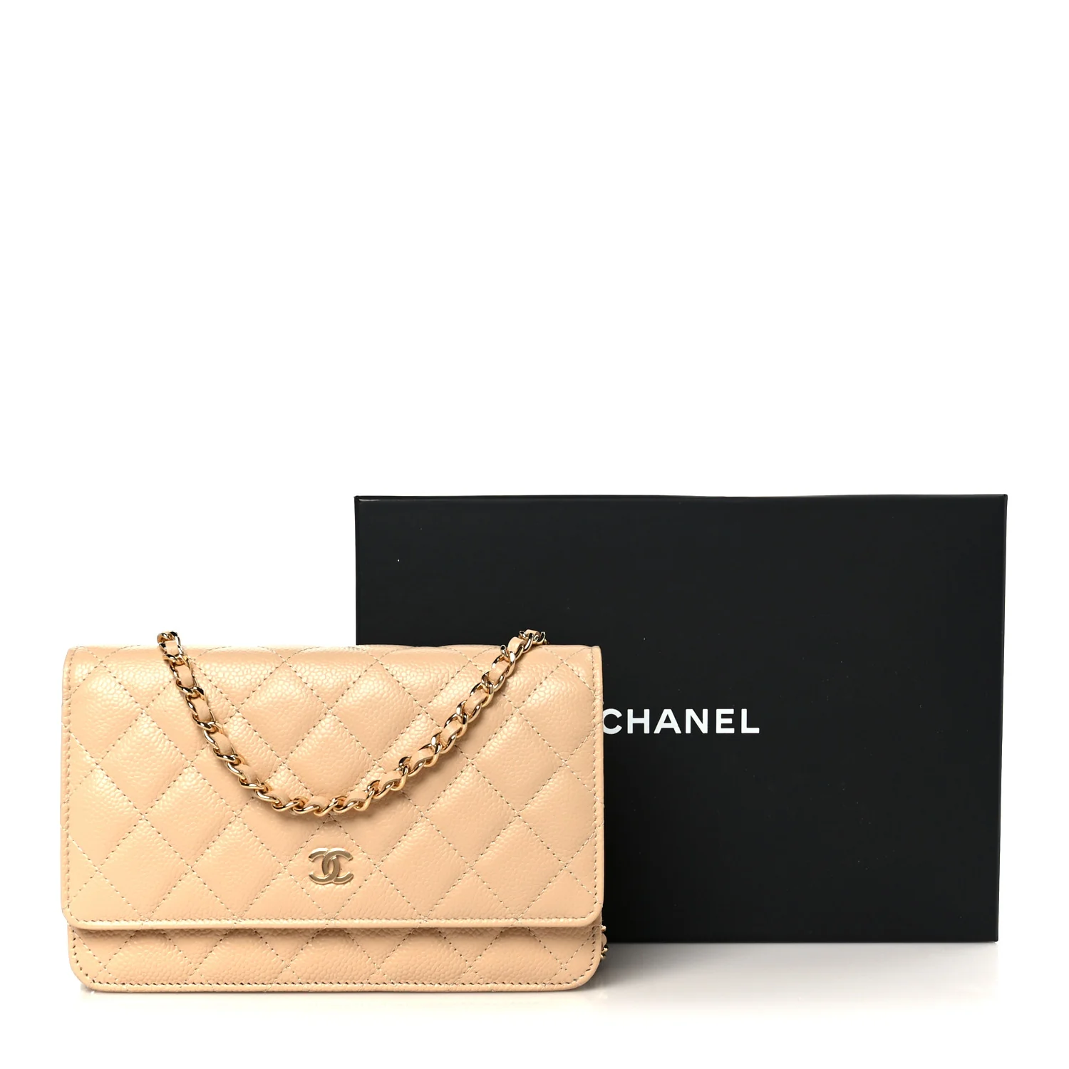 Caviar Quilted Wallet on Chain WOC Beige - Image 12