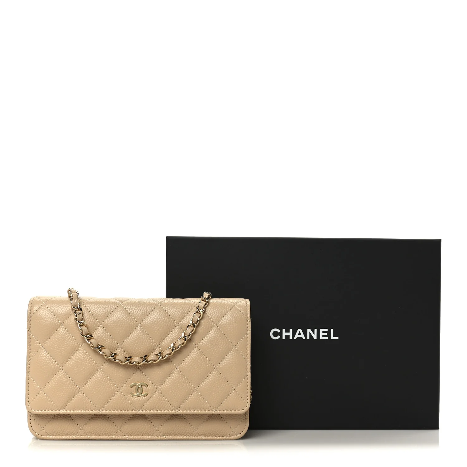Caviar Quilted Wallet on Chain WOC Beige - Image 12