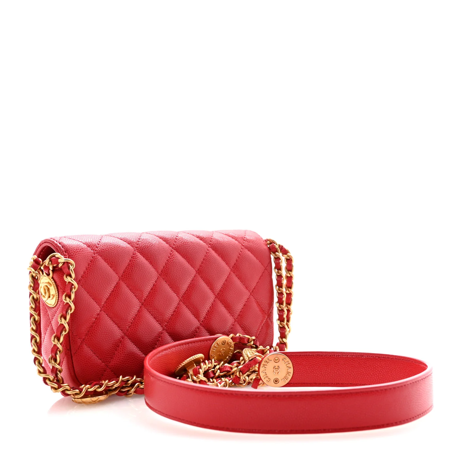 Caviar Quilted Yours Buttons Phone Holder With Chain Red - Image 3