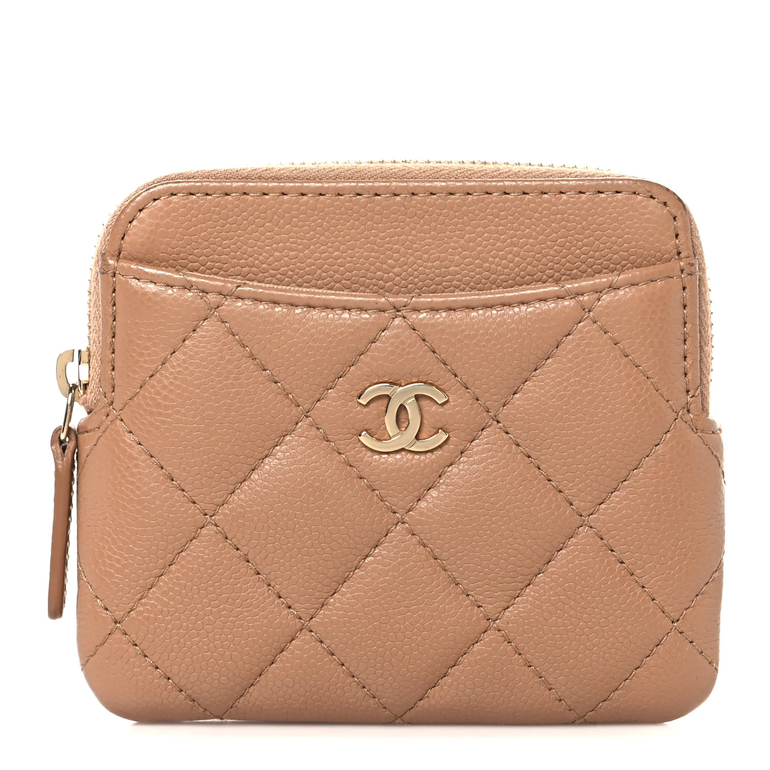 Caviar Quilted Zip Card Holder Wallet Beige