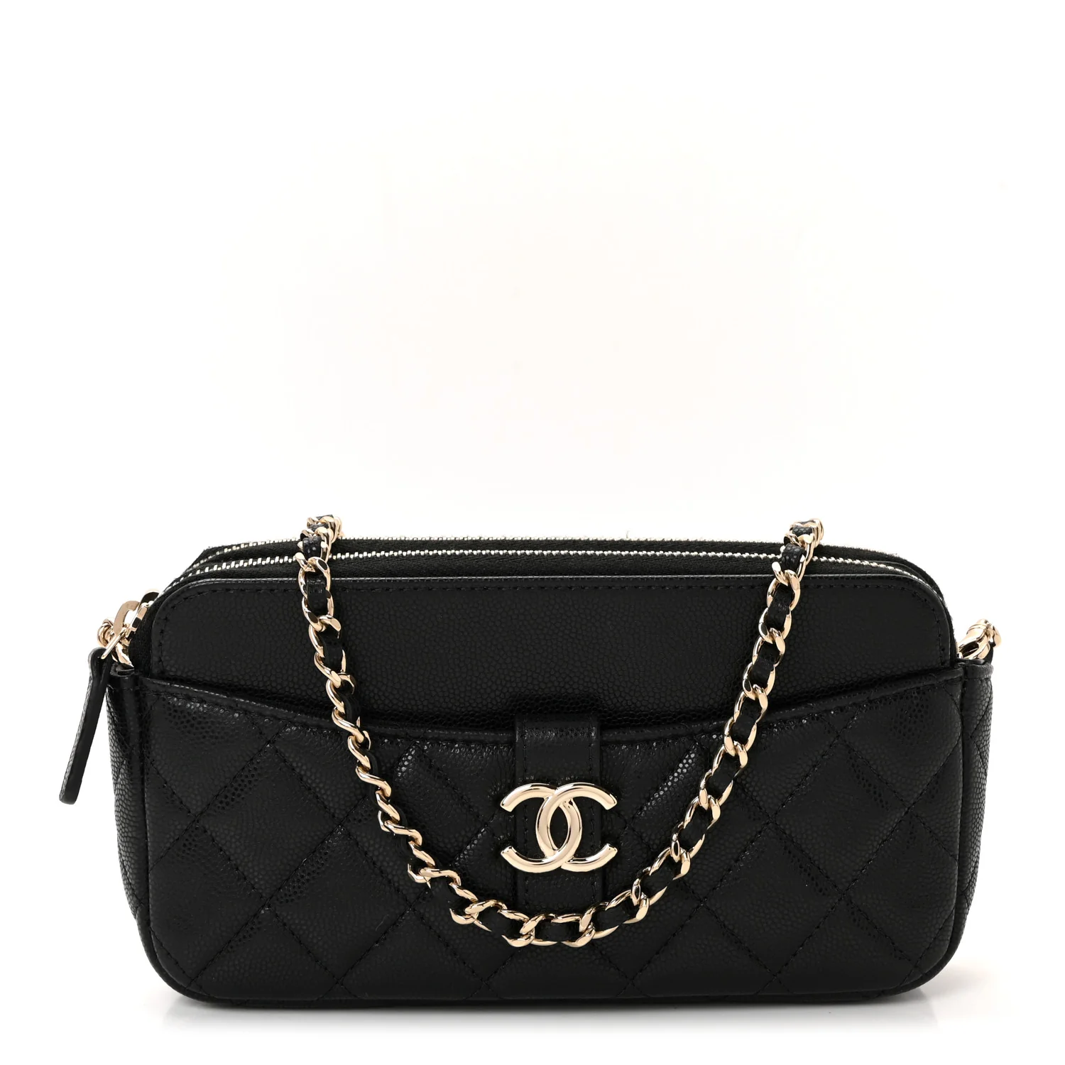 Caviar Quilted Zipped Phone Holder With Chain Black