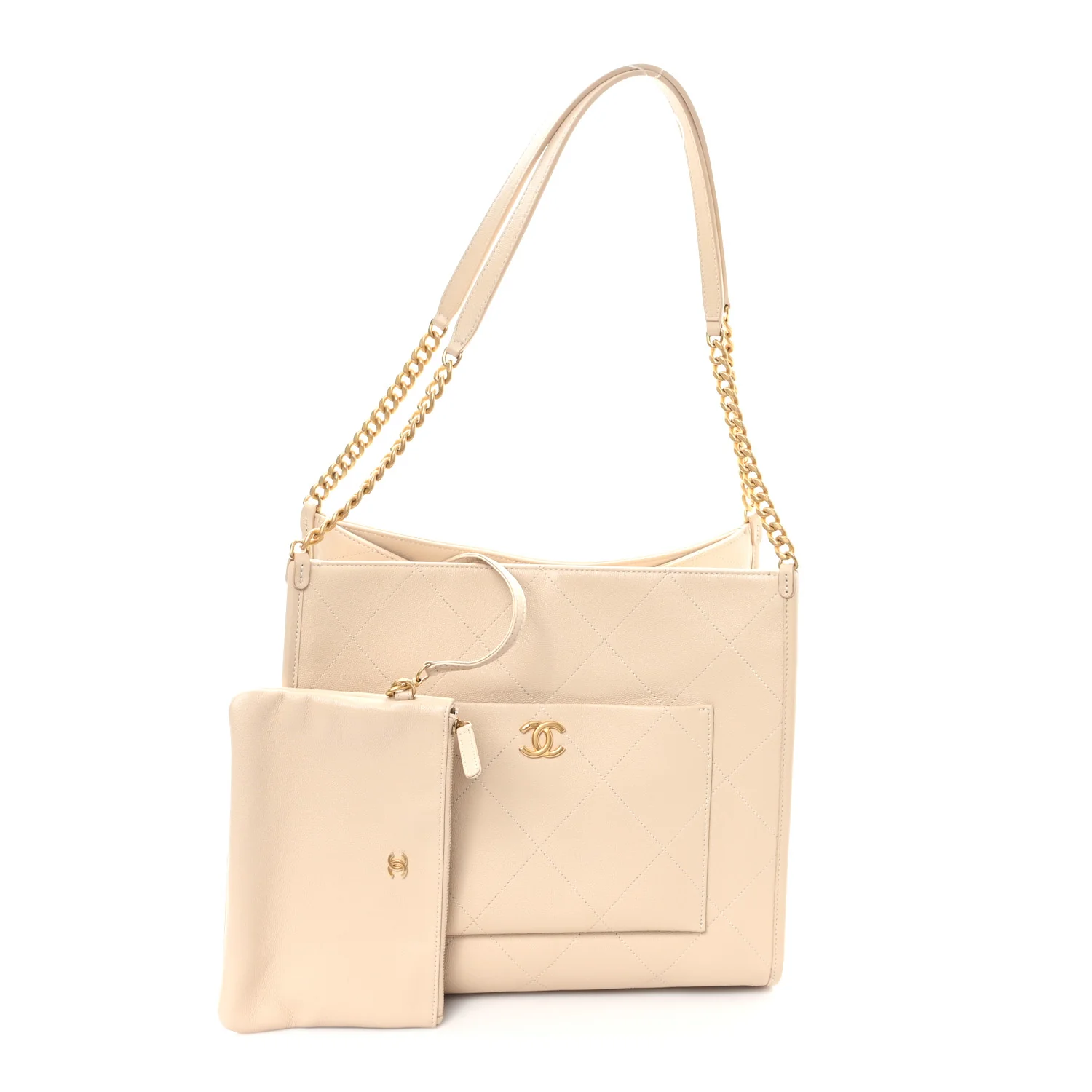 Caviar Stitched Pocket CC Large Tote Light Beige - Image 3