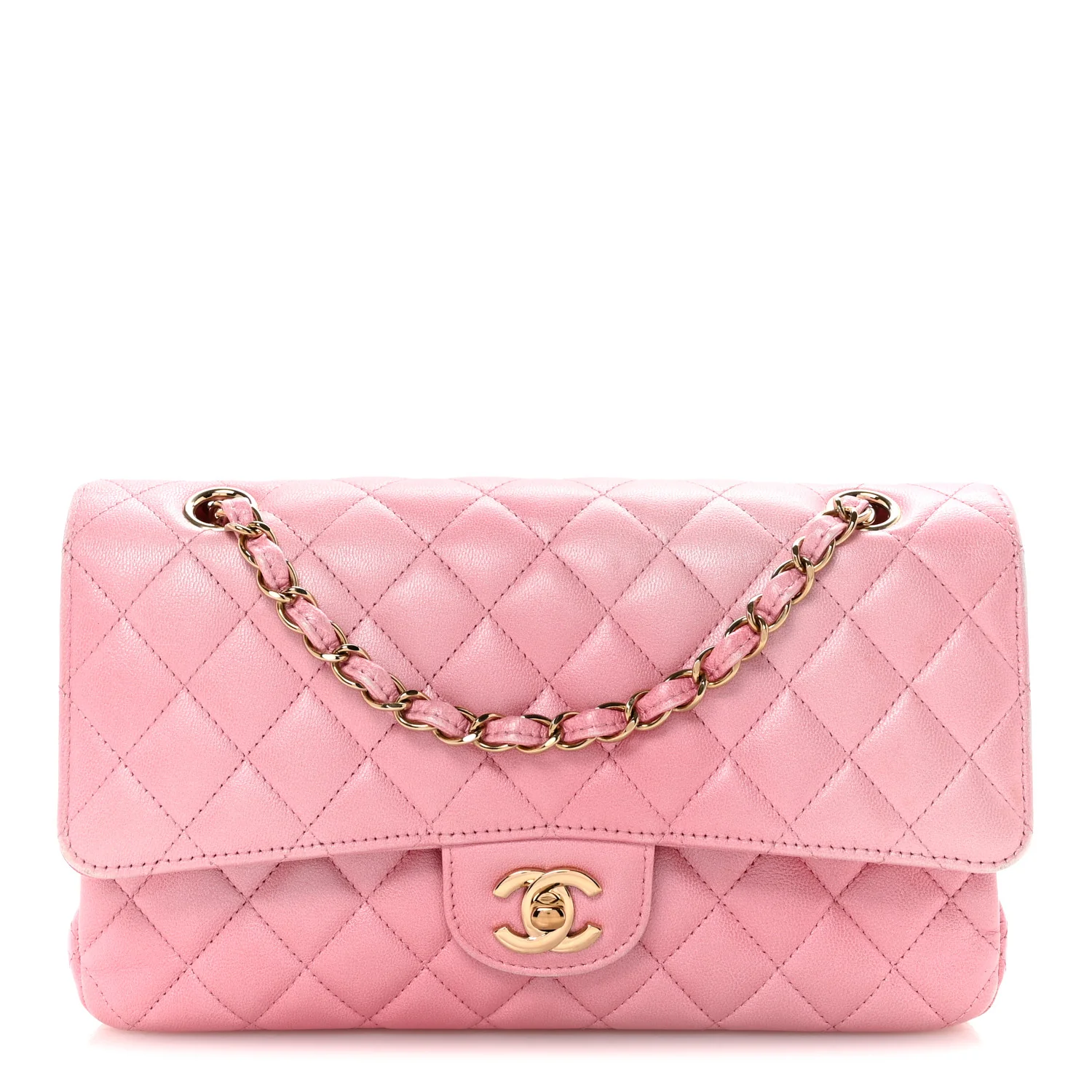 Cloudy Pearly Goatskin Quilted Medium Double Flap Pink