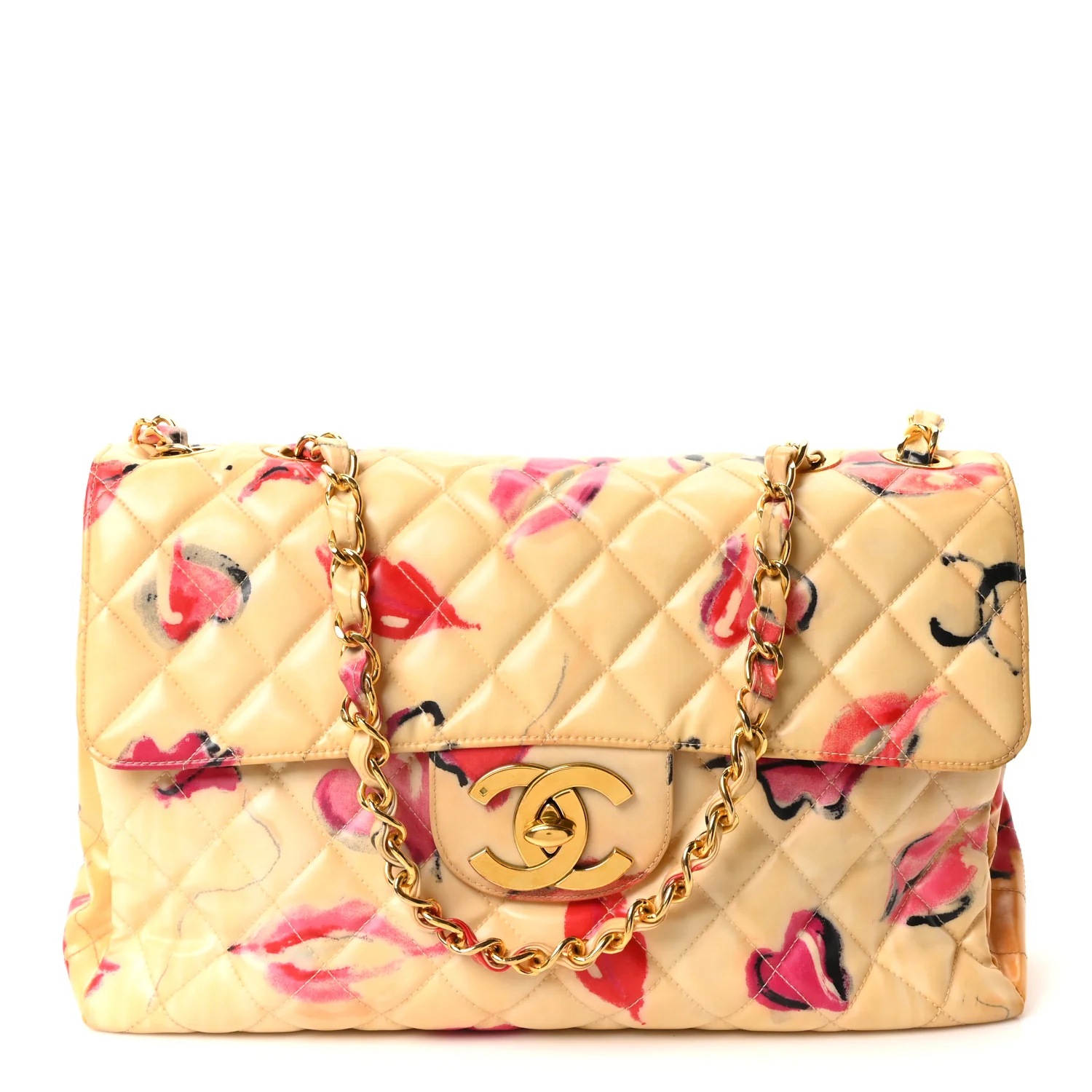 Coated Canvas Quilted Lips and Kisses Graffiti XL Jumbo Single Flap White Multicolor
