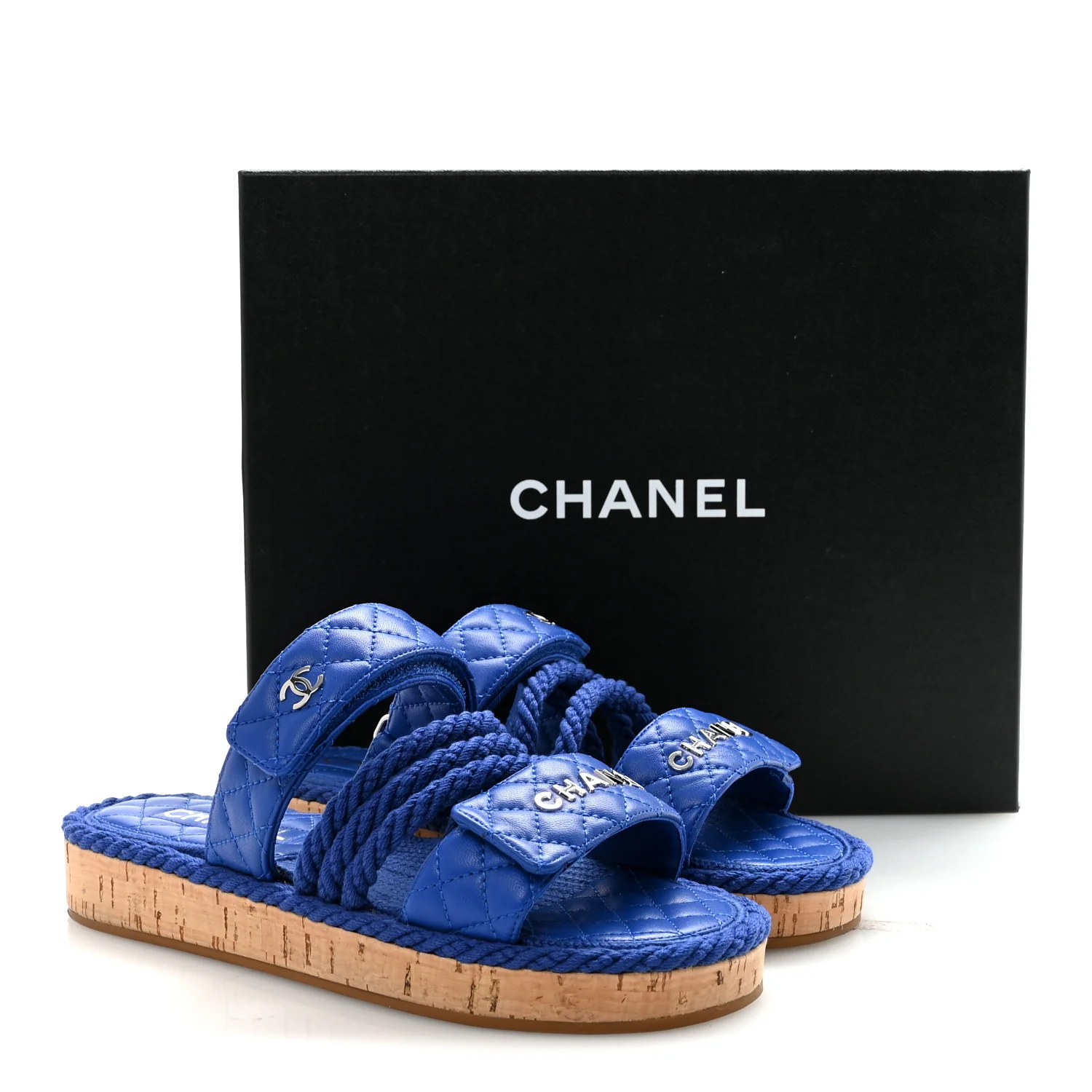 Cord Lambskin Quilted Logo Sandals 38 Blue - Image 20