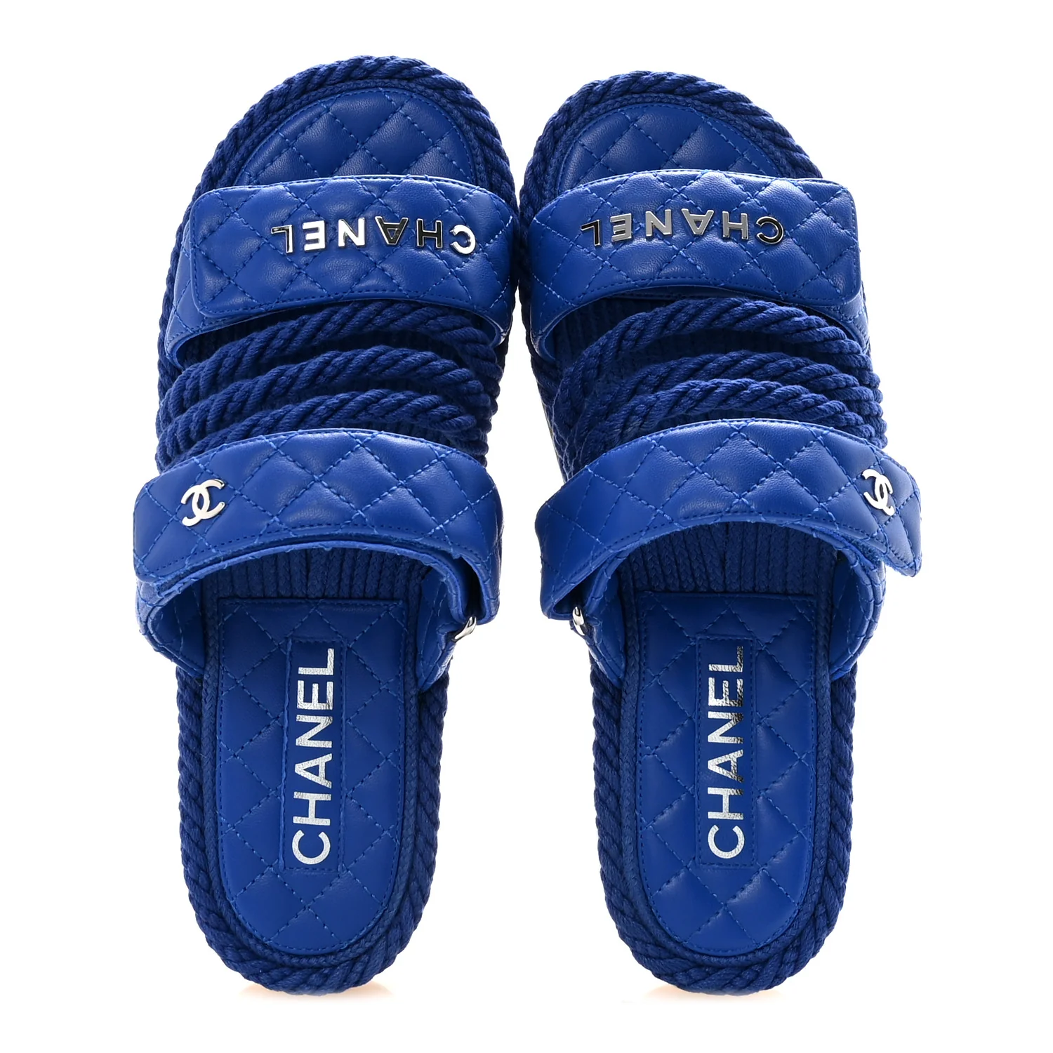 Cord Lambskin Quilted Logo Sandals 38 Blue - Image 4