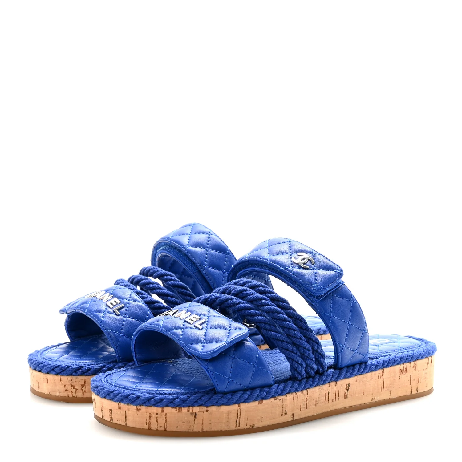 Cord Lambskin Quilted Logo Sandals 38 Blue - Image 7