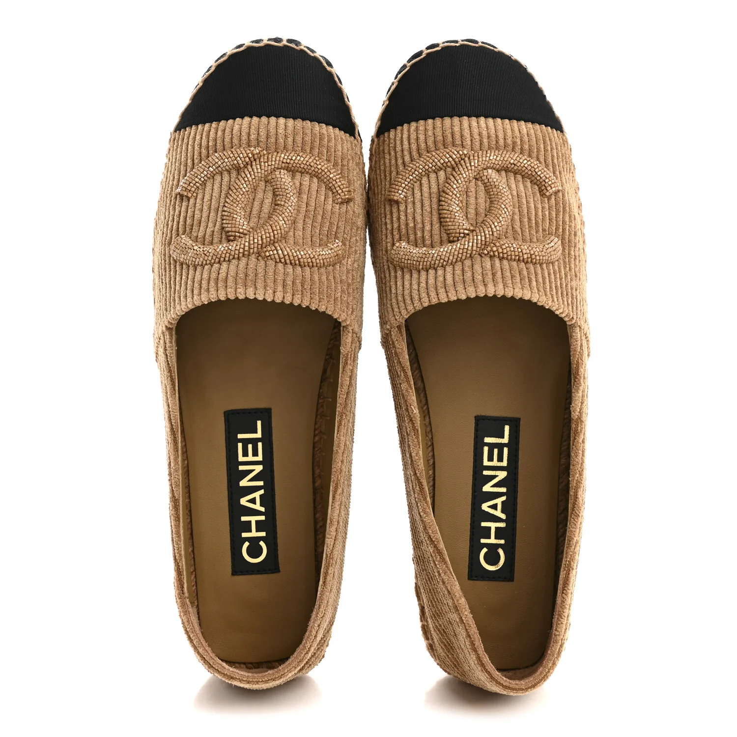 Corduroy Grosgrain Cap Toe CC Espadrille Flats 38 Dark Beige Black - Image 2