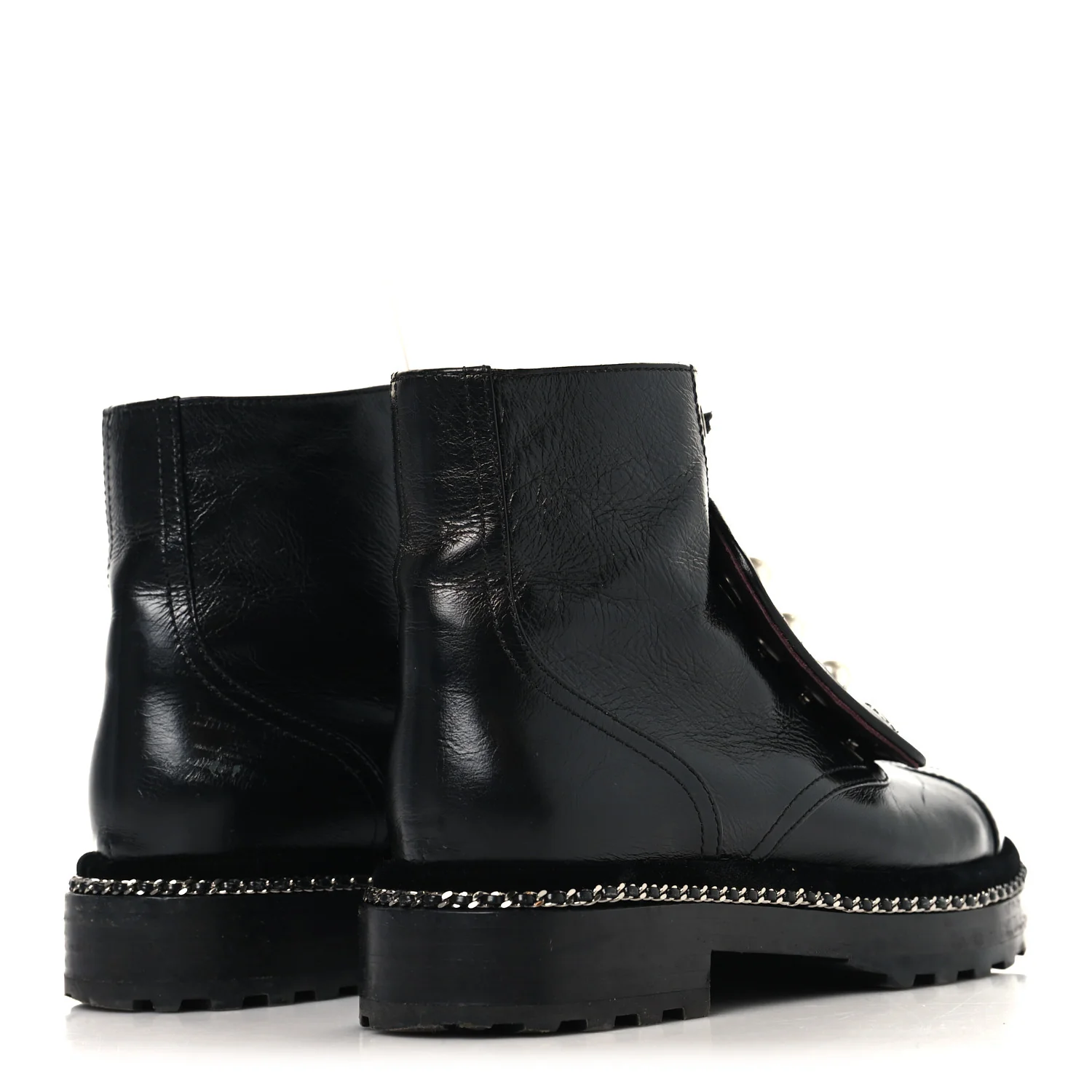 Crackled Calfskin Velvet Pearl Combat Short Boots 37.5 Black - Image 5