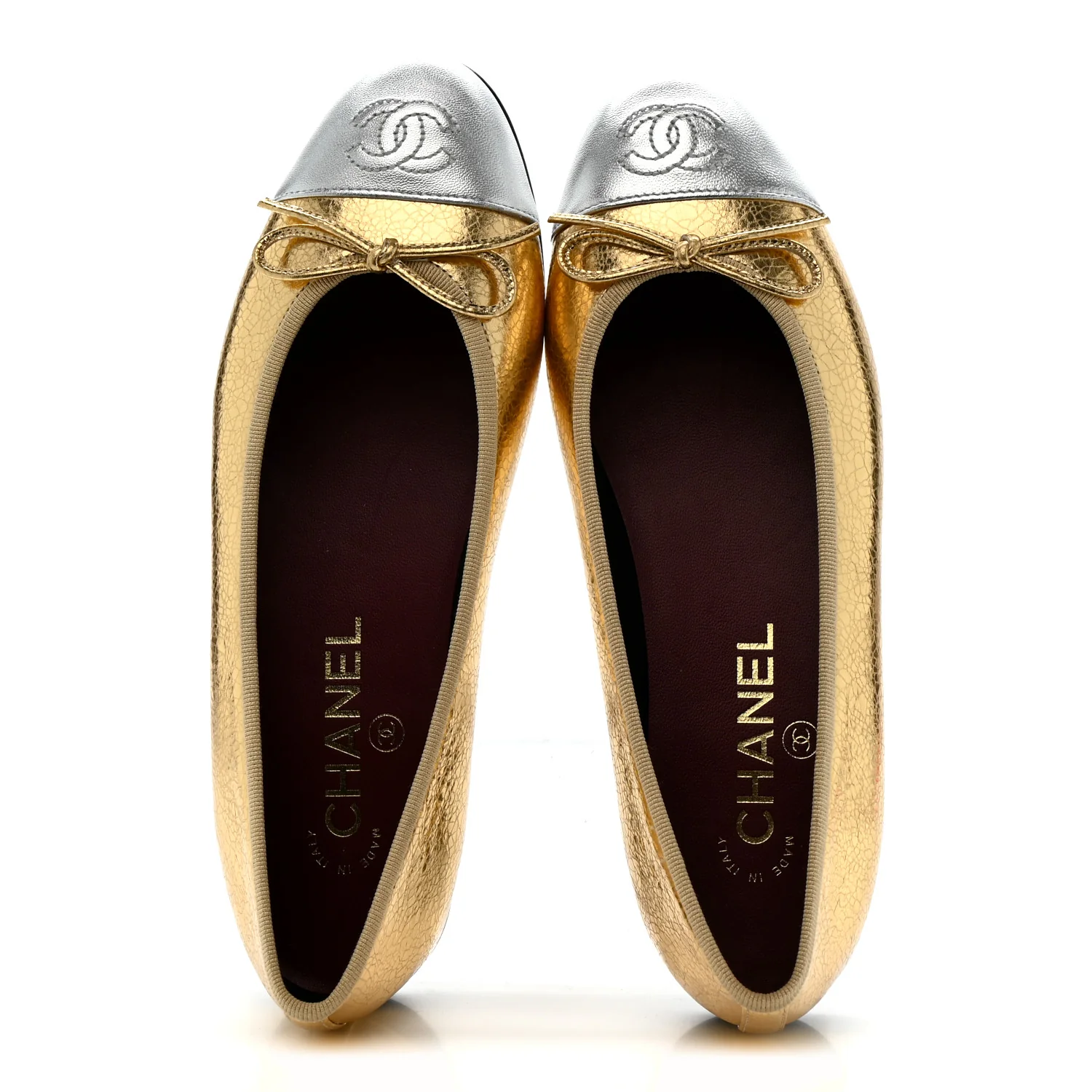 Crackled Laminated Calfskin CC Cap Toe Ballerina Flats 36.5 Gold Silver - Image 2