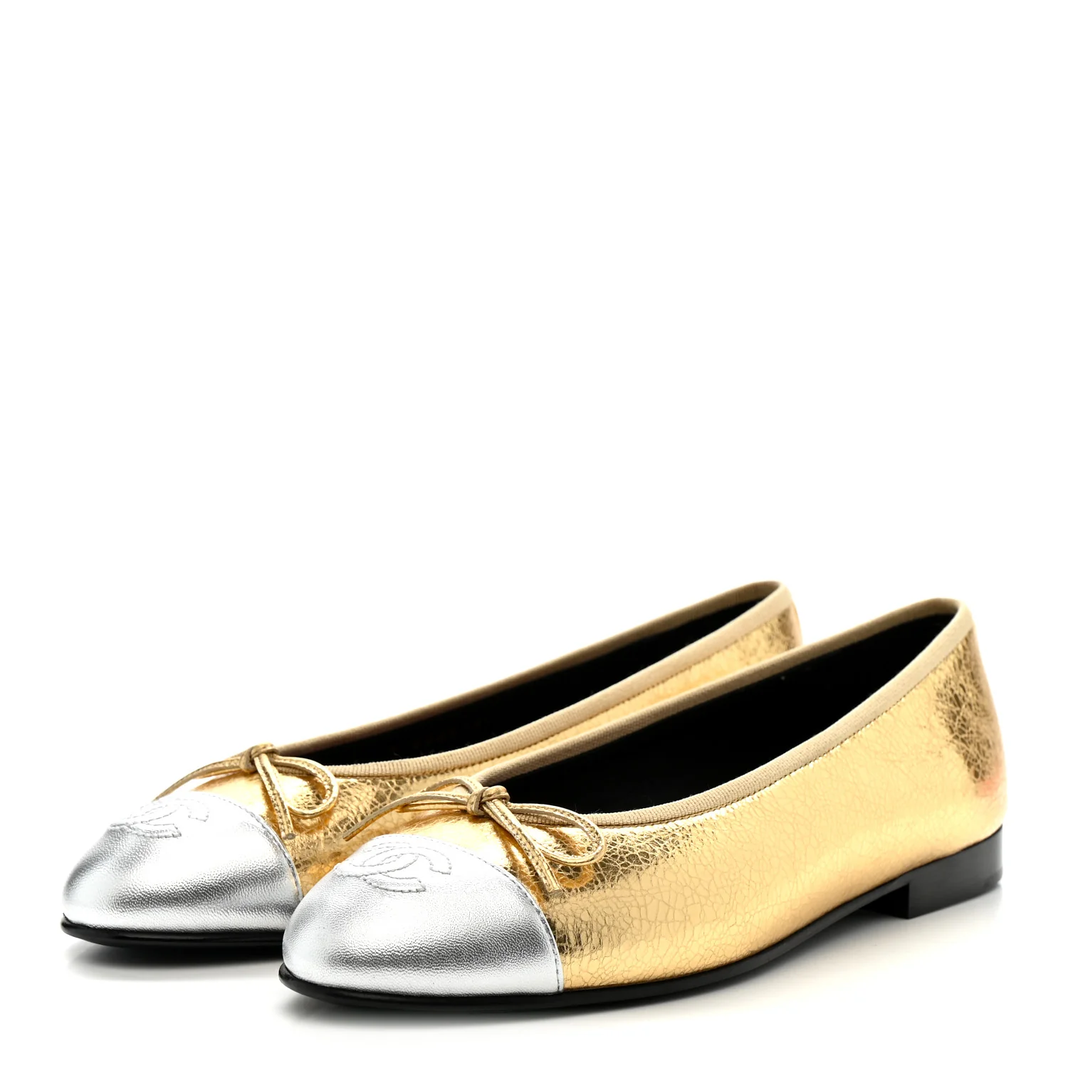 Crackled Laminated Calfskin CC Cap Toe Ballerina Flats 36.5 Gold Silver - Image 4
