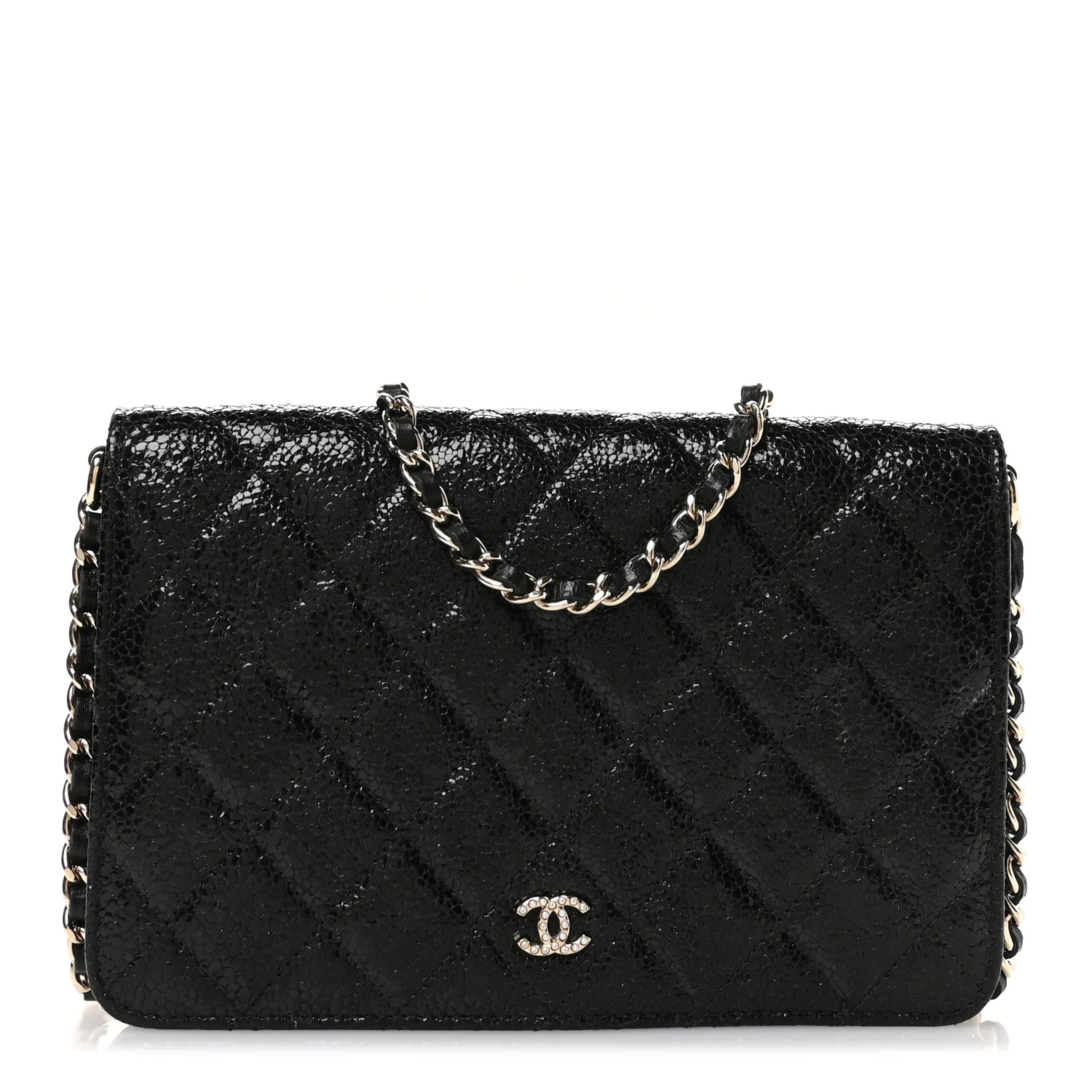 Crackled Patent Calfskin Quilted Pearl Wallet On Chain WOC Black