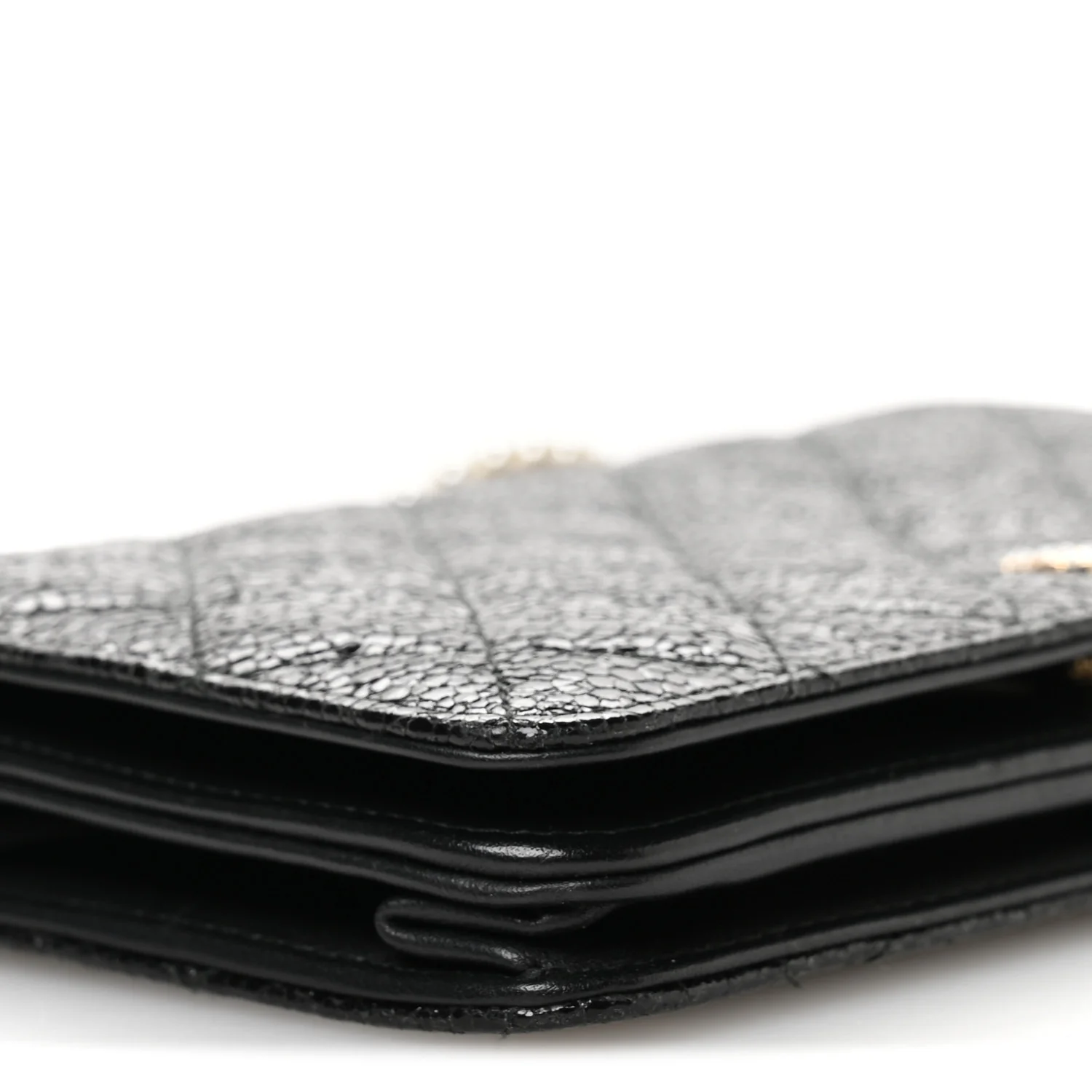 Crackled Patent Calfskin Quilted Pearl Wallet On Chain WOC Black - Image 10