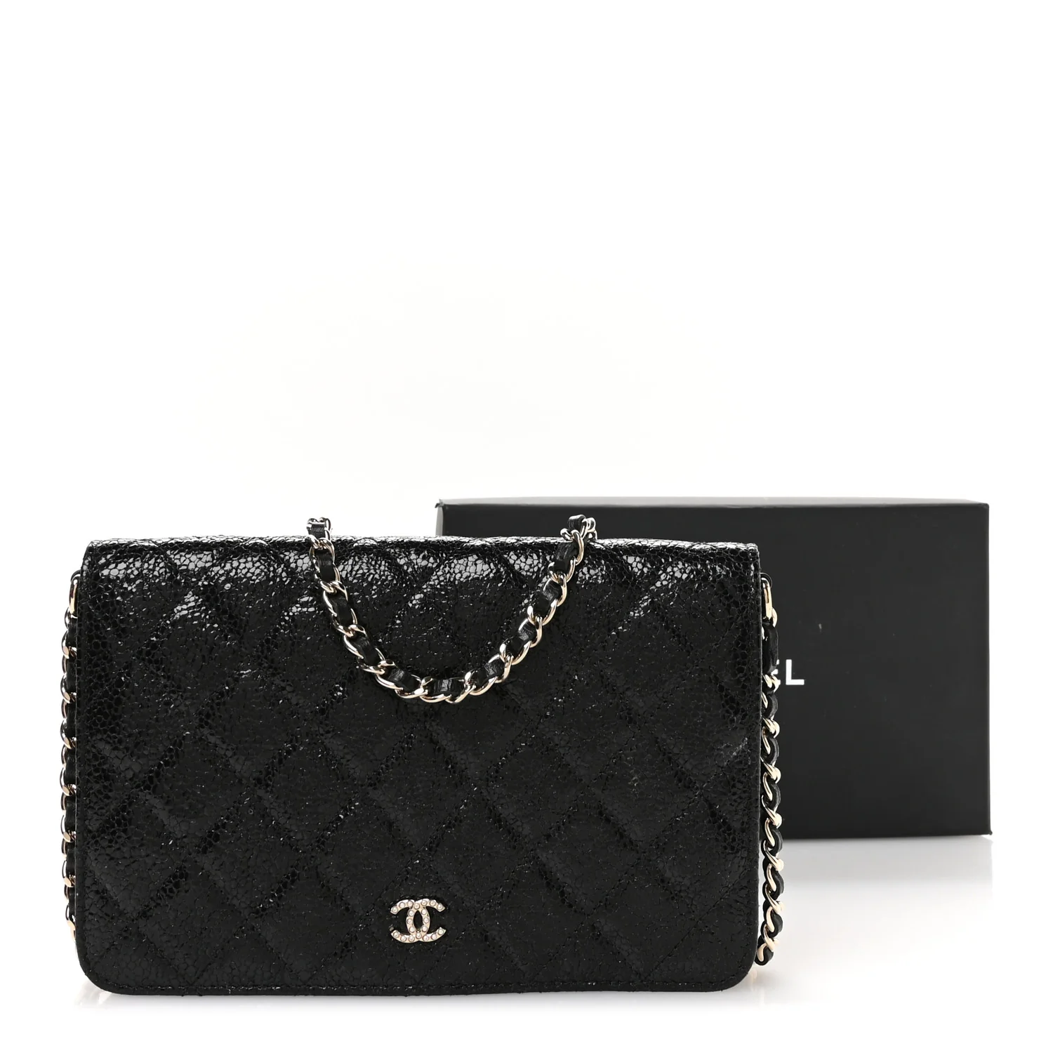 Crackled Patent Calfskin Quilted Pearl Wallet On Chain WOC Black - Image 12