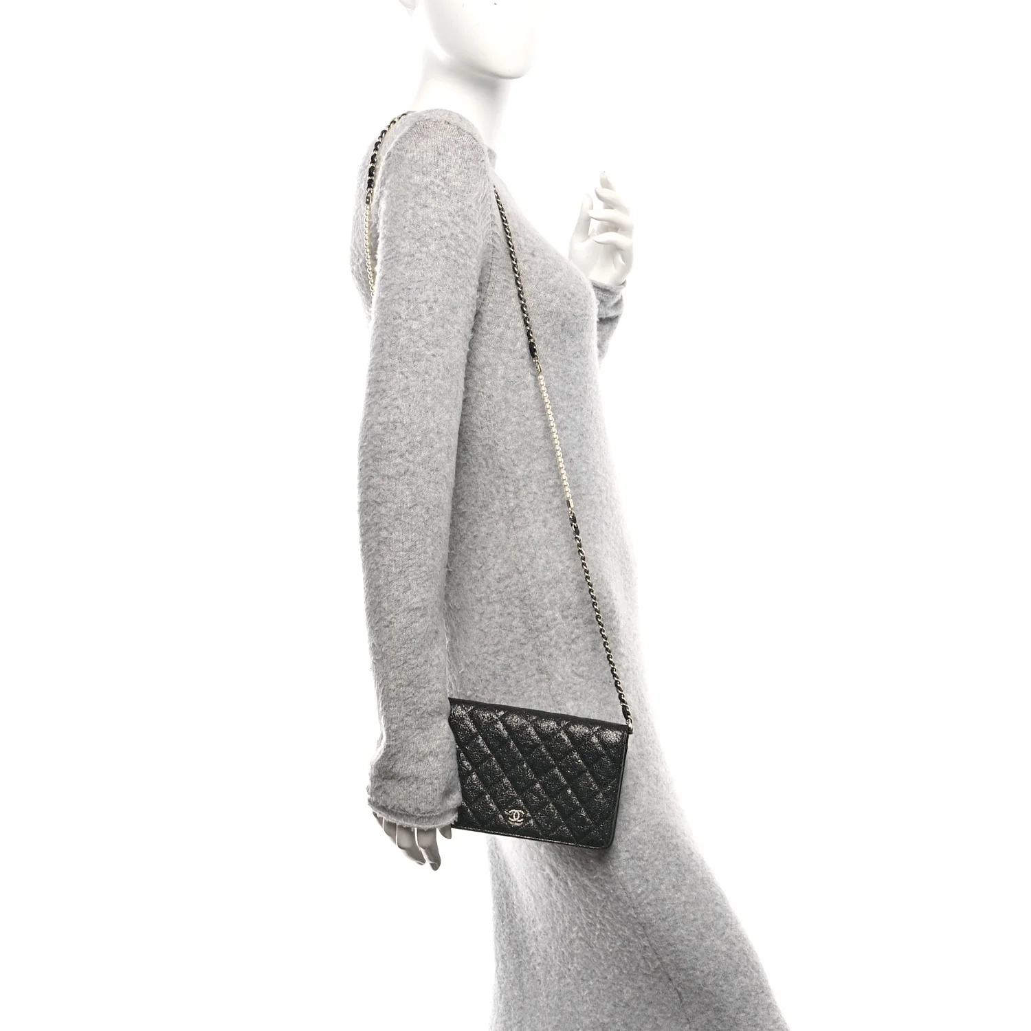 Crackled Patent Calfskin Quilted Pearl Wallet On Chain WOC Black - Image 2