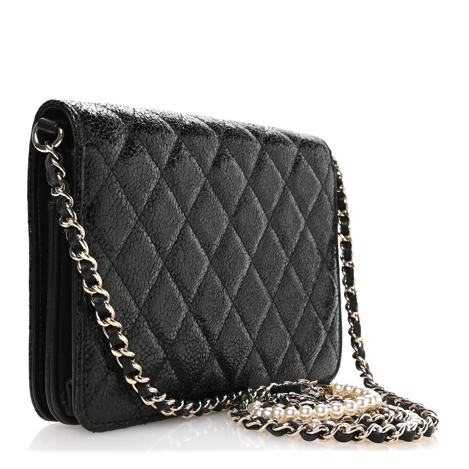 Crackled Patent Calfskin Quilted Pearl Wallet On Chain WOC Black - Image 3
