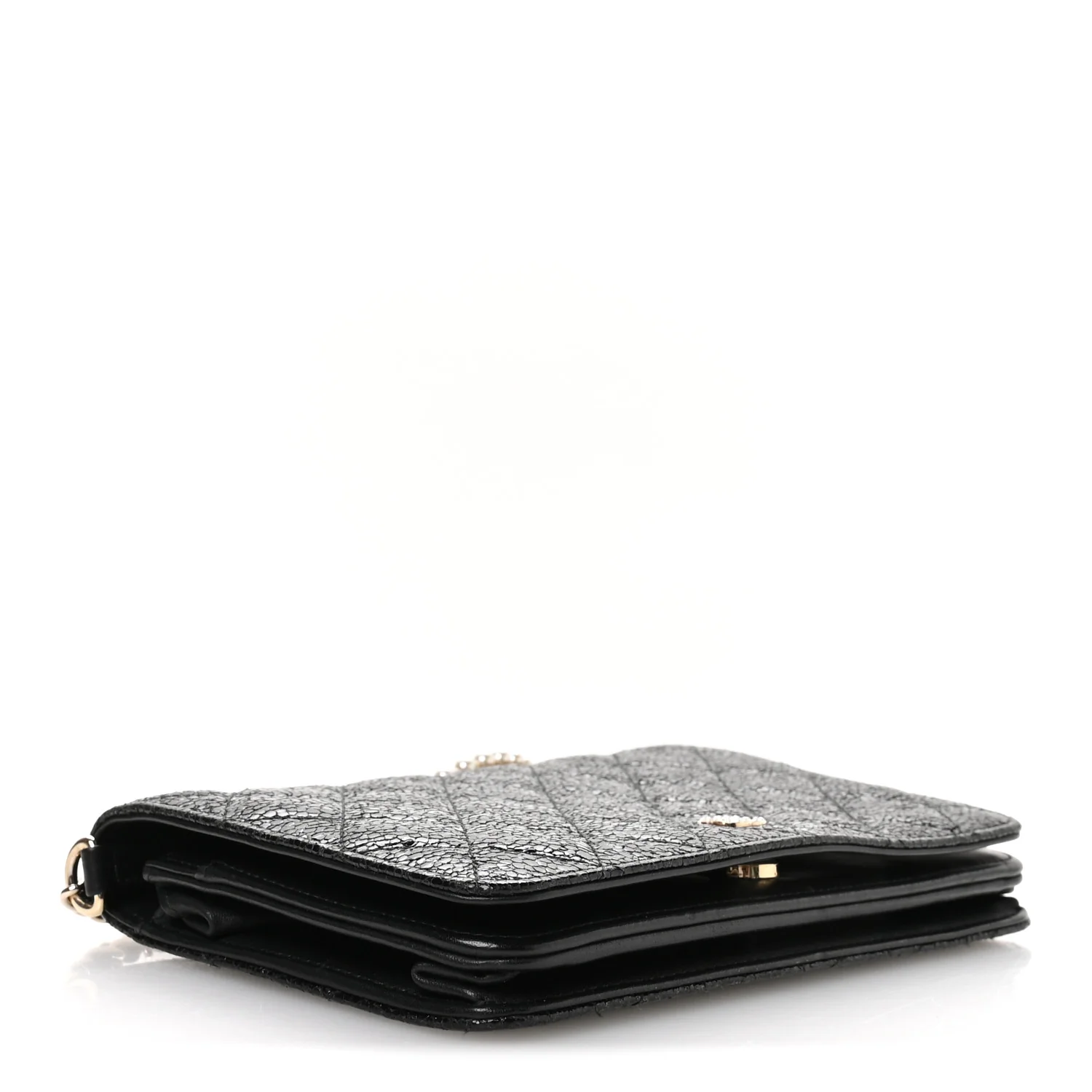 Crackled Patent Calfskin Quilted Pearl Wallet On Chain WOC Black - Image 4