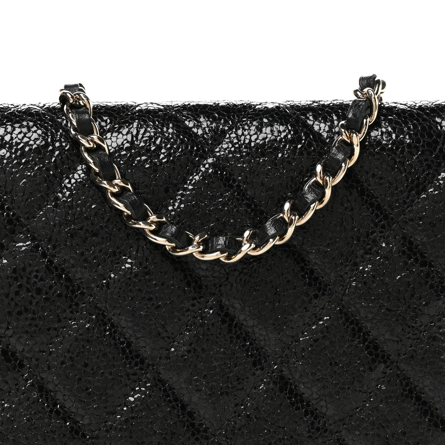 Crackled Patent Calfskin Quilted Pearl Wallet On Chain WOC Black - Image 9
