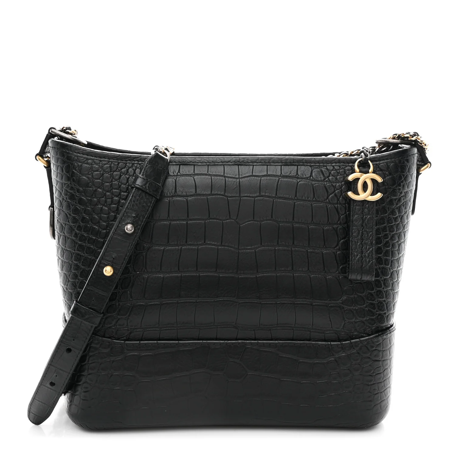 Crocodile Embossed Calfskin Medium Gabrielle Cocodile Hobo Black