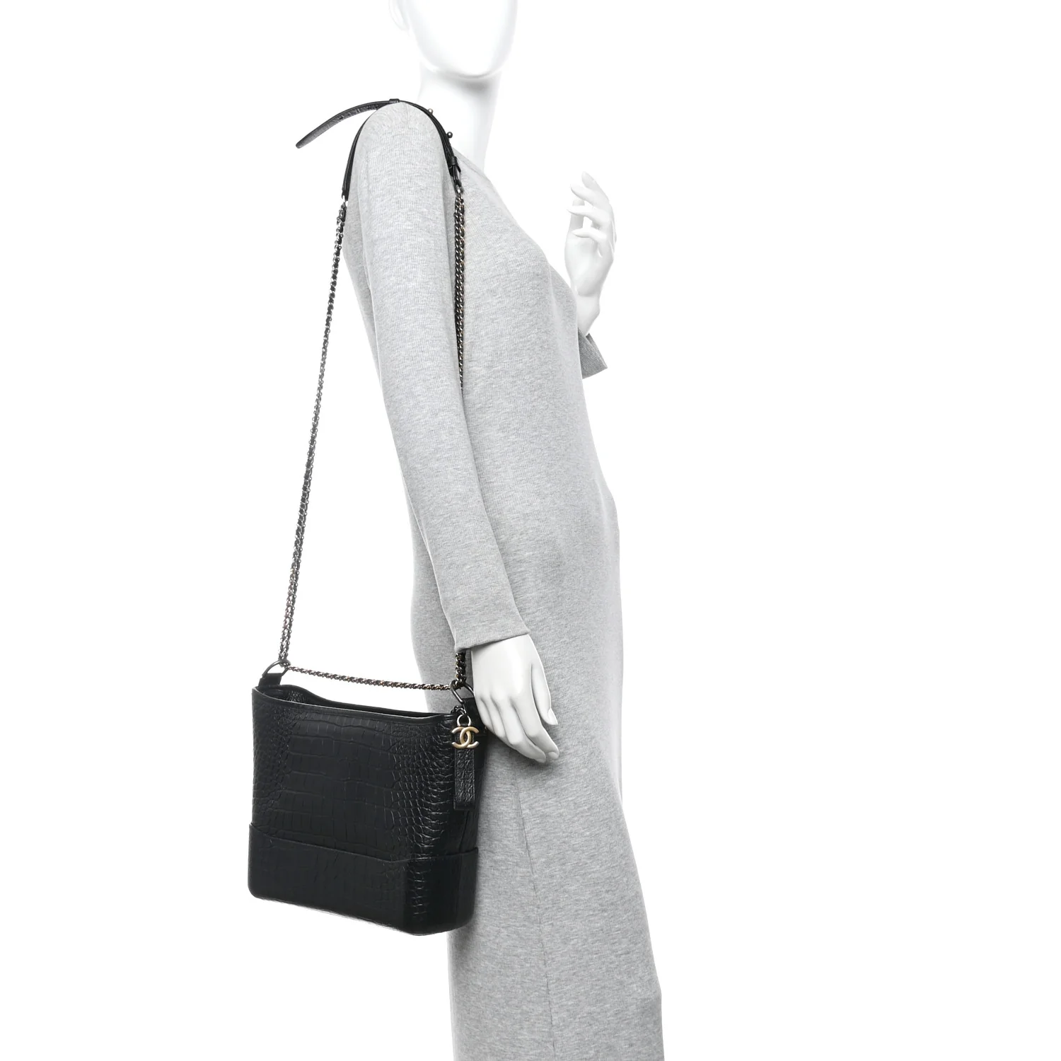 Crocodile Embossed Calfskin Medium Gabrielle Cocodile Hobo Black - Image 2