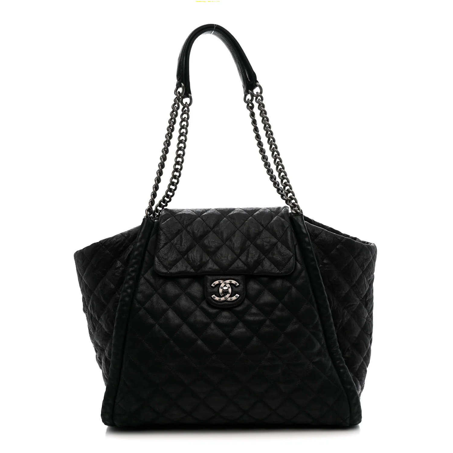 Crumpled Calfskin Iridescent Calfskin Hidden Chain Large Quilted Shopping Tote Black
