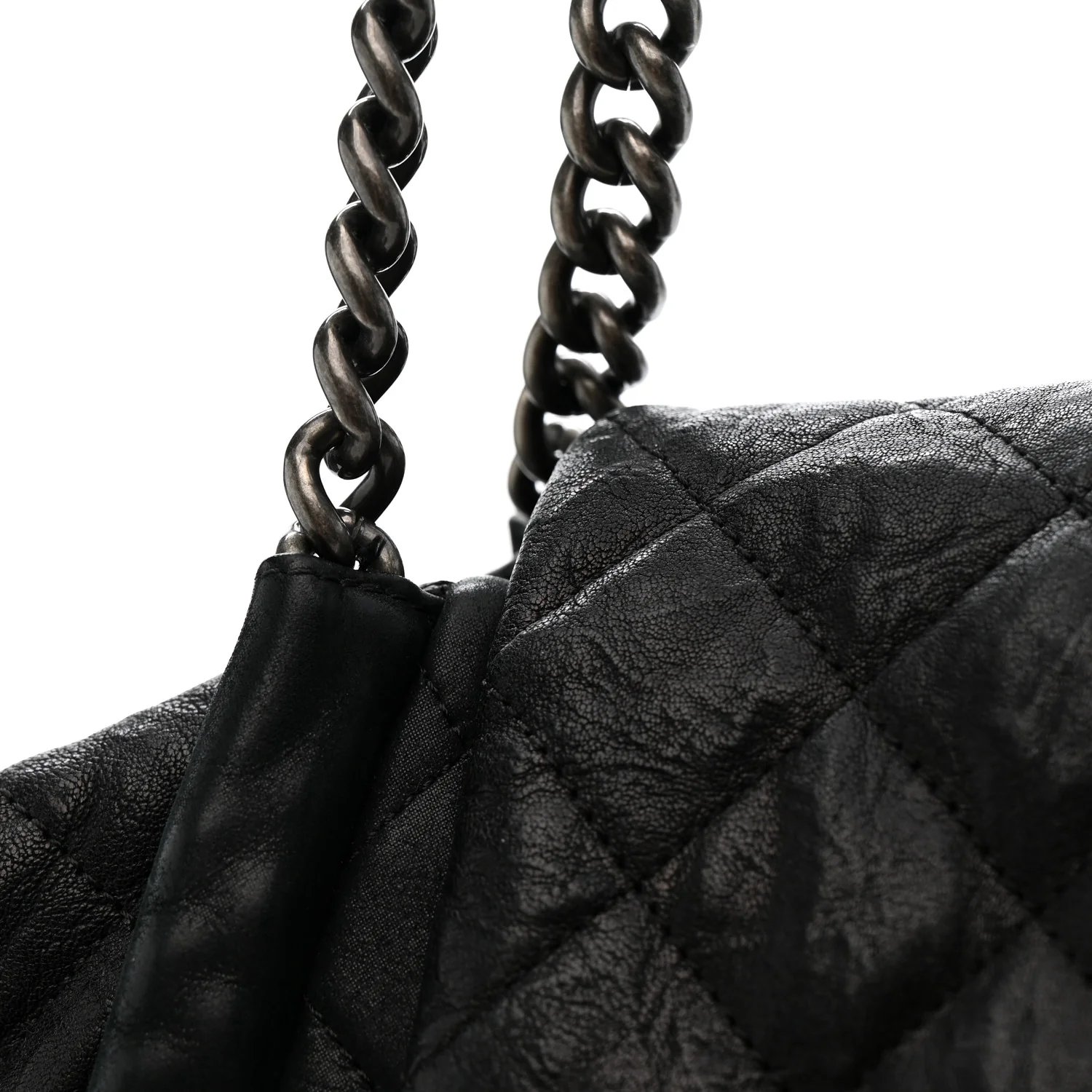 Crumpled Calfskin Iridescent Calfskin Hidden Chain Large Quilted Shopping Tote Black - Image 11