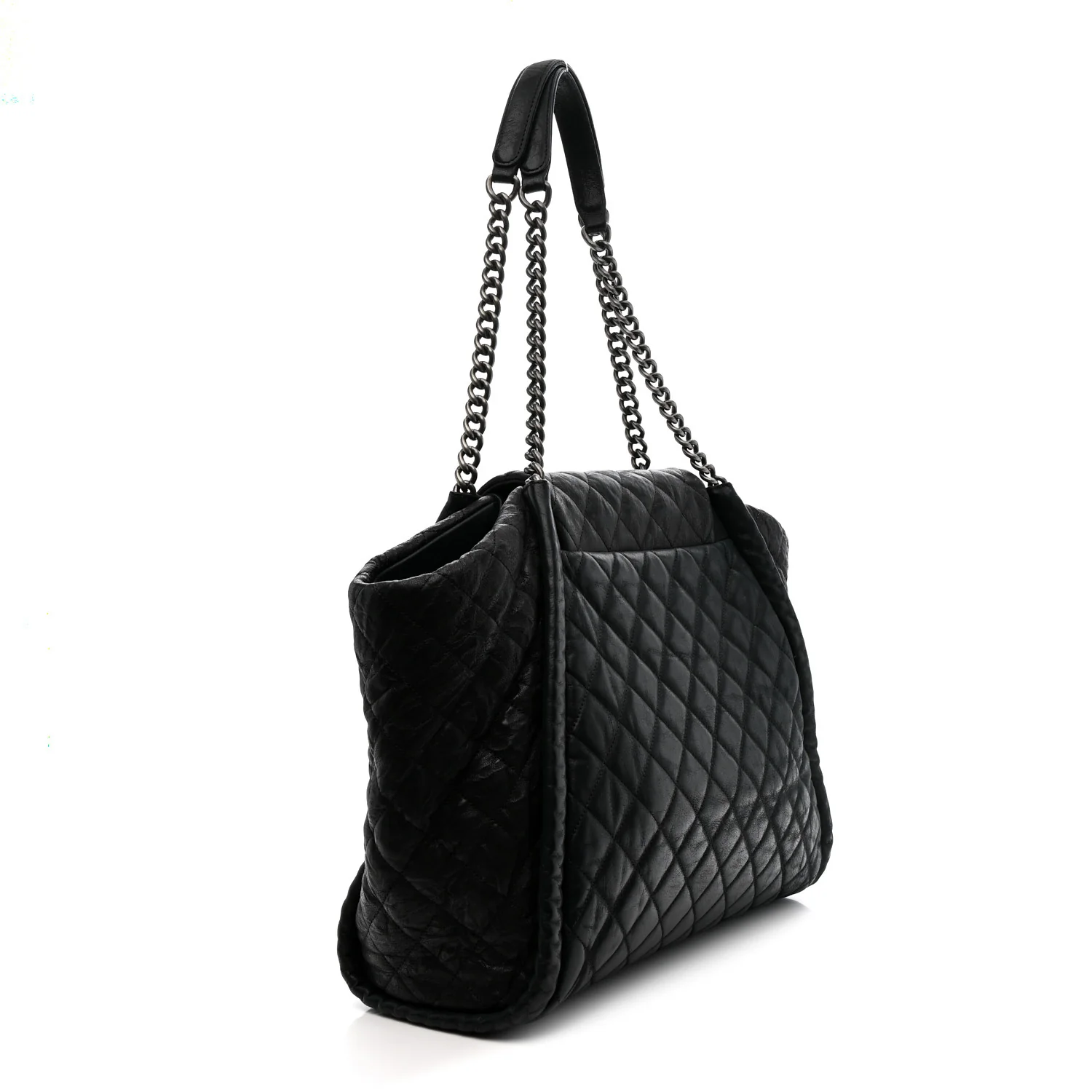 Crumpled Calfskin Iridescent Calfskin Hidden Chain Large Quilted Shopping Tote Black - Image 3