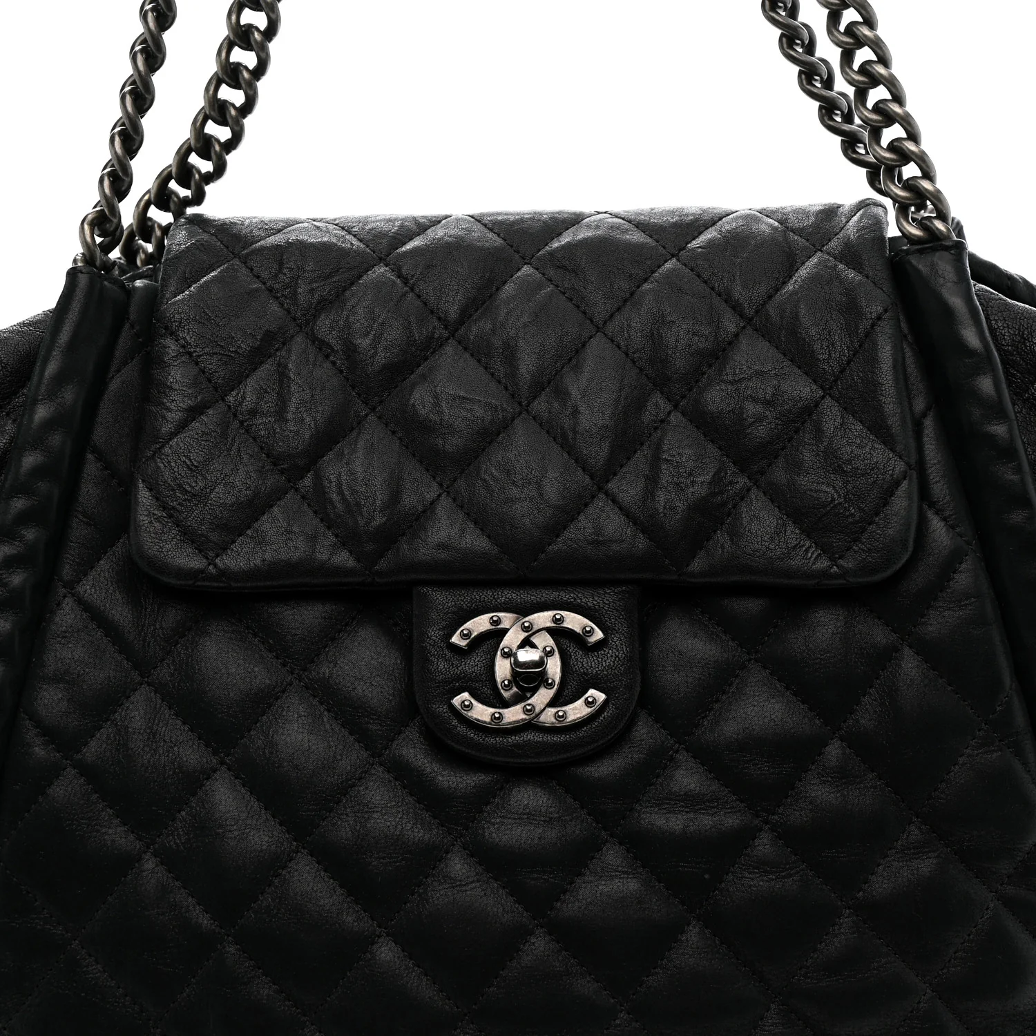Crumpled Calfskin Iridescent Calfskin Hidden Chain Large Quilted Shopping Tote Black - Image 8