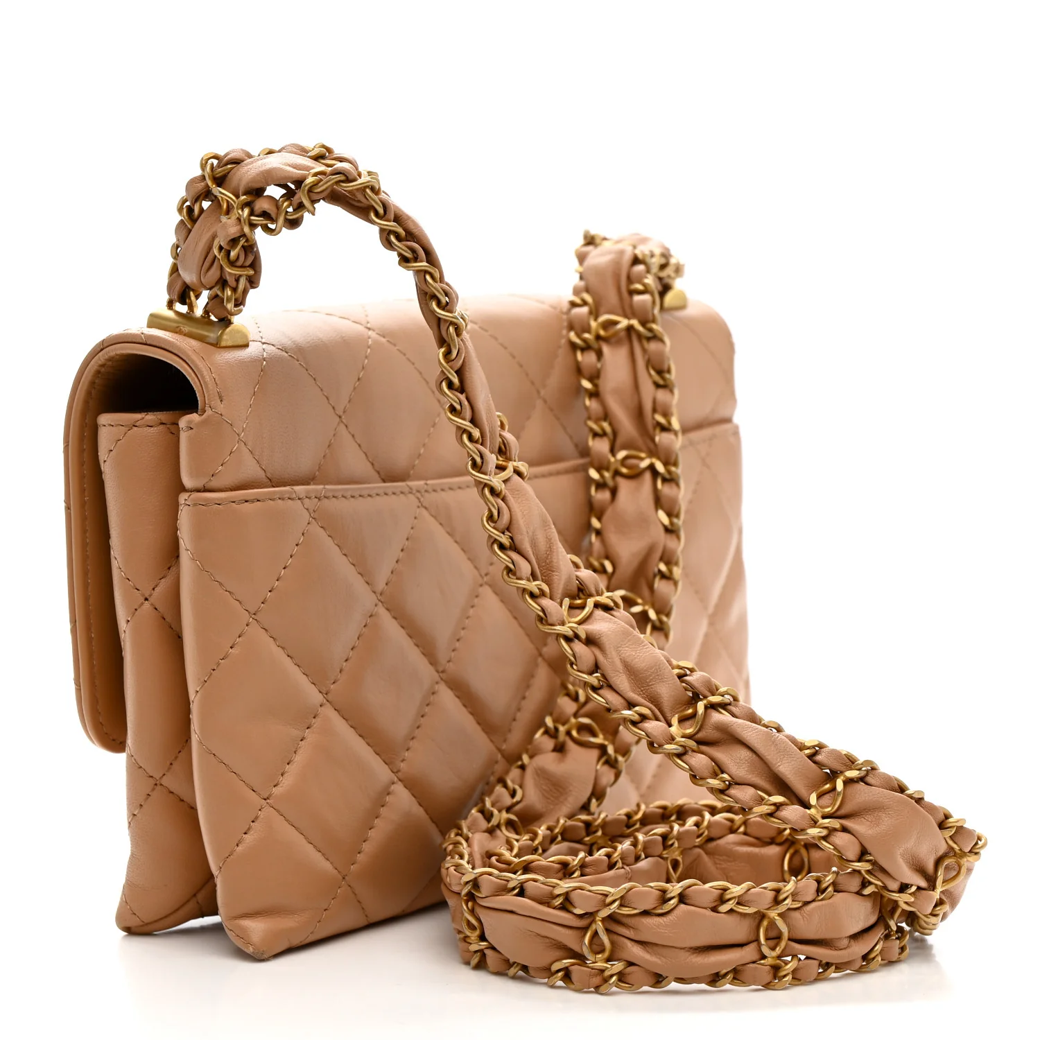 Crumpled Calfskin Quilted Coco First Flap Beige - Image 3