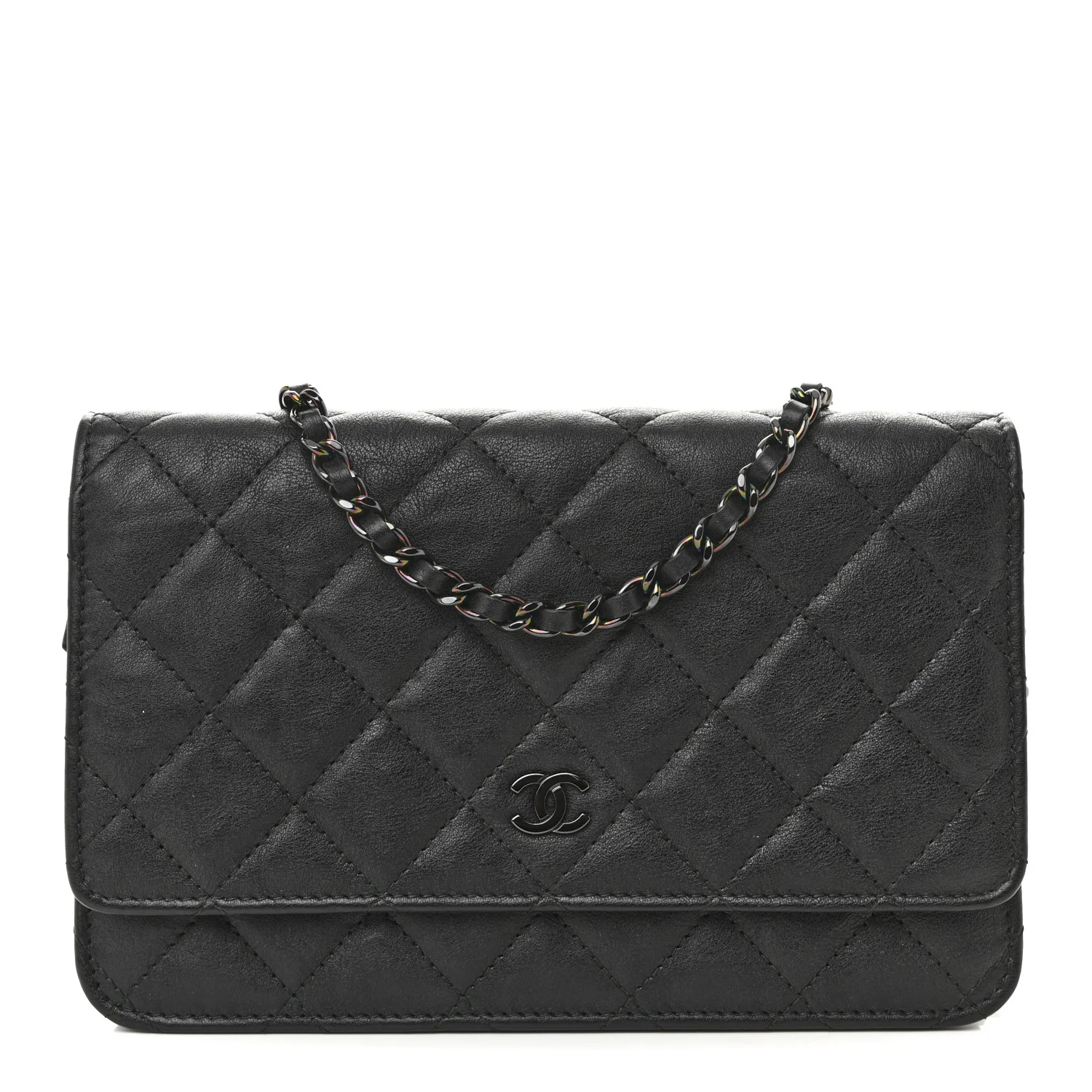 Crumpled Calfskin Quilted Wallet On Chain WOC So Black