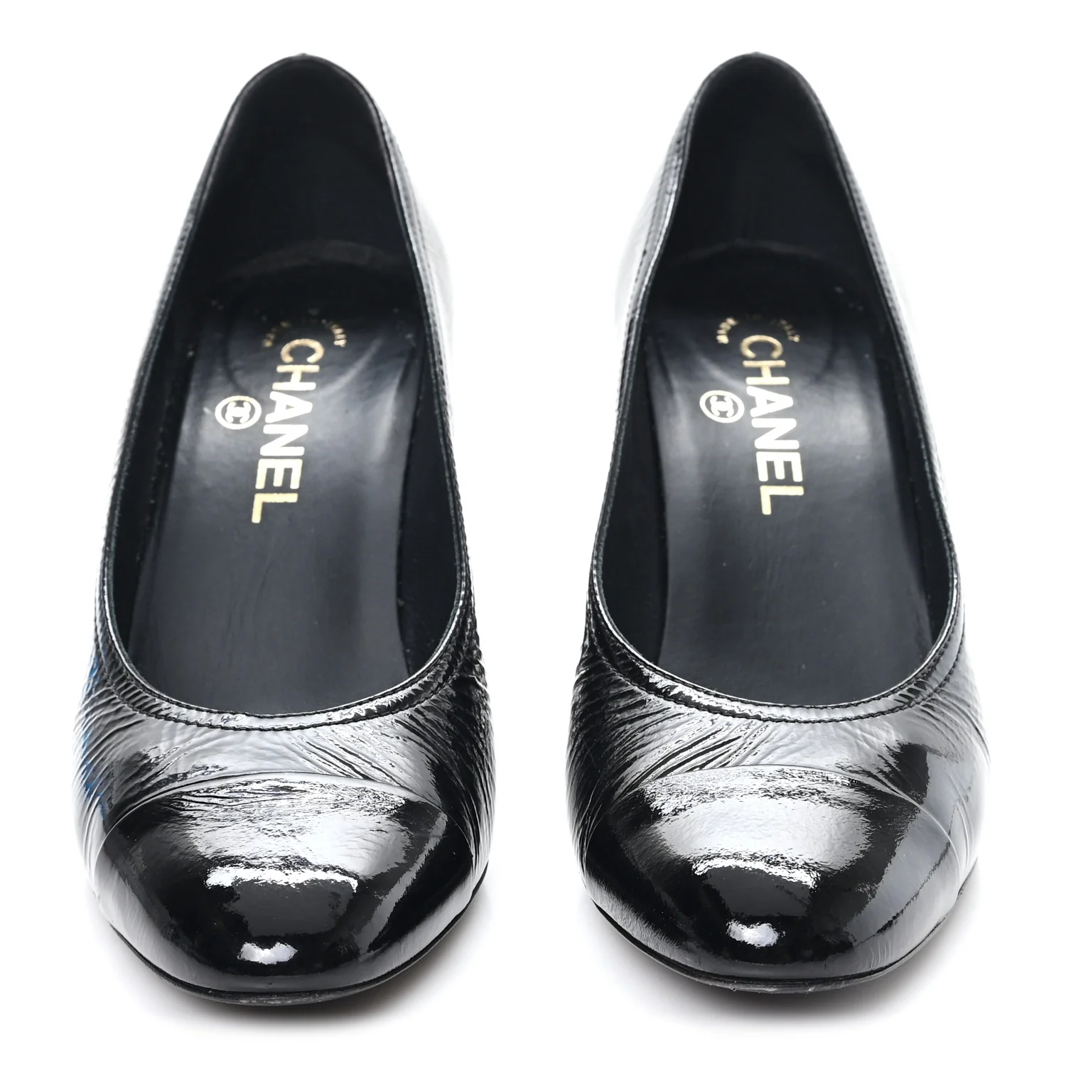 Crumpled Goatskin Patent Calfskin Crystal Cap Toe Logo Pumps 39 Black - Image 3