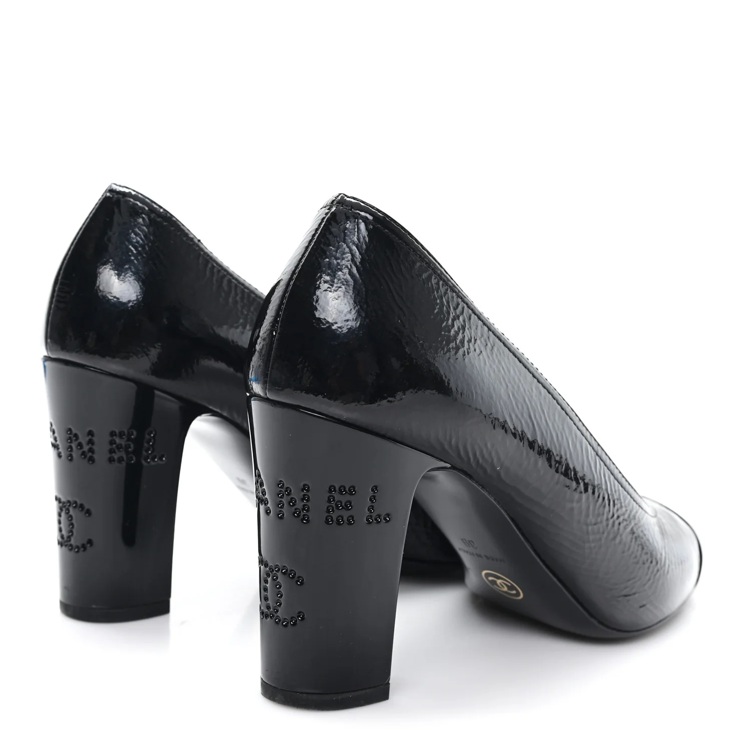 Crumpled Goatskin Patent Calfskin Crystal Cap Toe Logo Pumps 39 Black - Image 5
