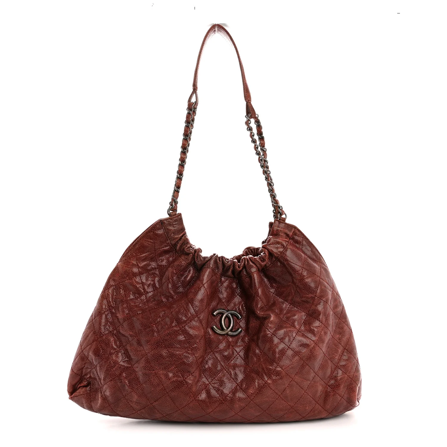 Crumpled Grained Calfskin Quilted Medium Elastic Tote Burgundy