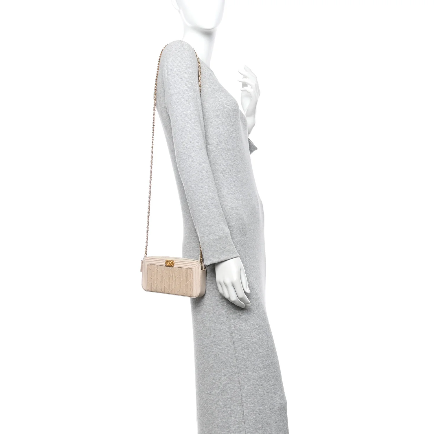 Crumpled Lambskin Chevron Quilted Pleated Small Boy Clutch With Chain Beige - Image 2