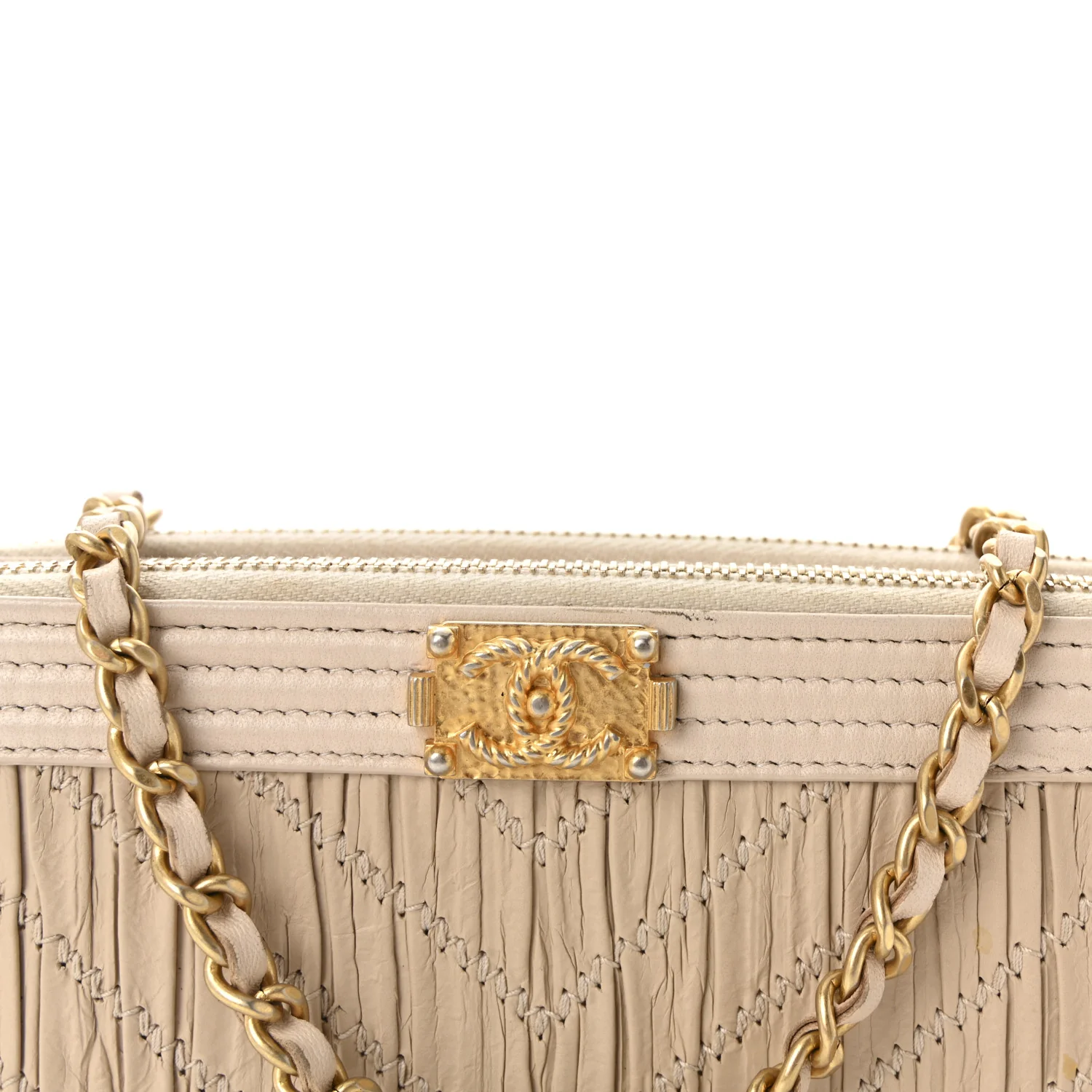 Crumpled Lambskin Chevron Quilted Pleated Small Boy Clutch With Chain Beige - Image 8