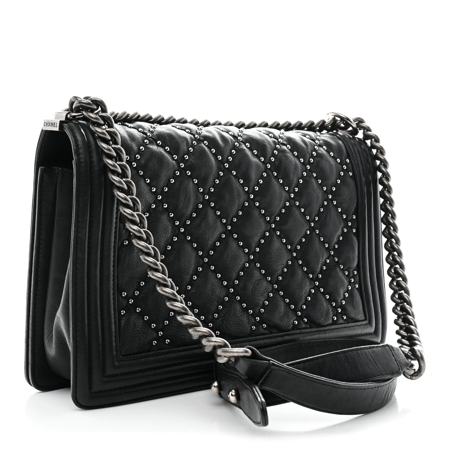 Crumpled Lambskin New Medium Studded Boy Flap Black - Image 3