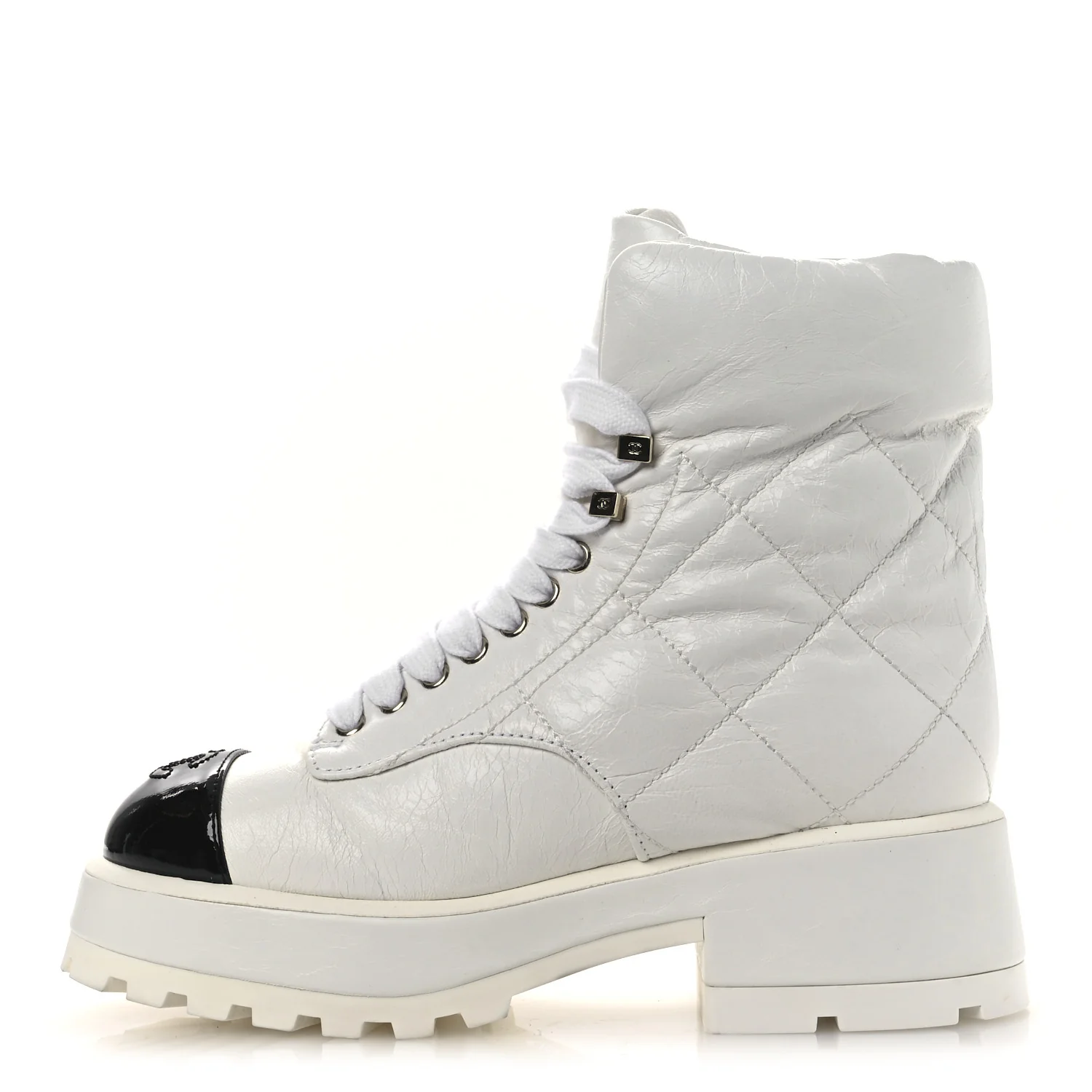 Crumpled Patent Lambskin Calfskin Quilted Lace Up Combat Boots 37 White Black