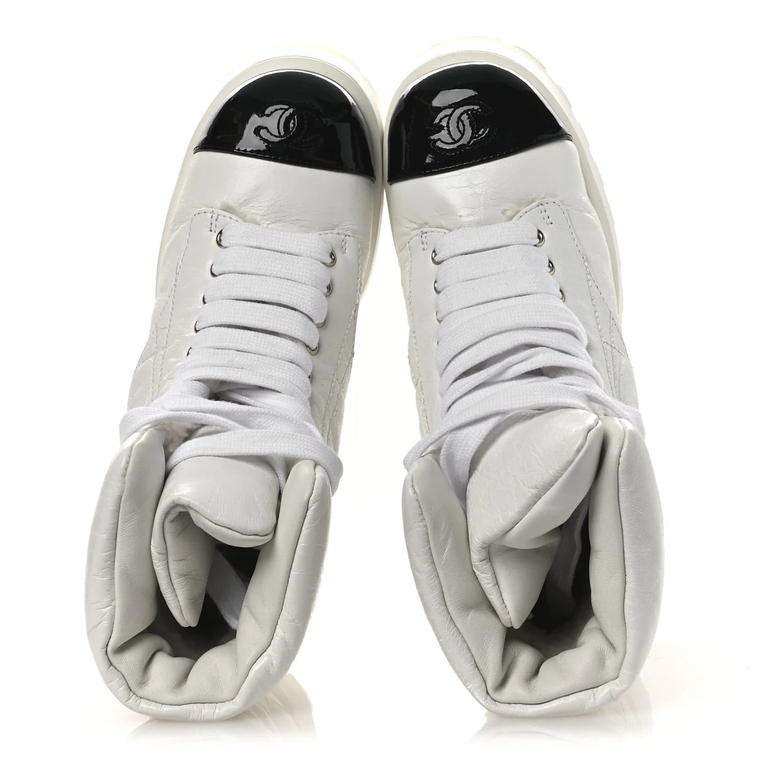 Crumpled Patent Lambskin Calfskin Quilted Lace Up Combat Boots 37 White Black - Image 2